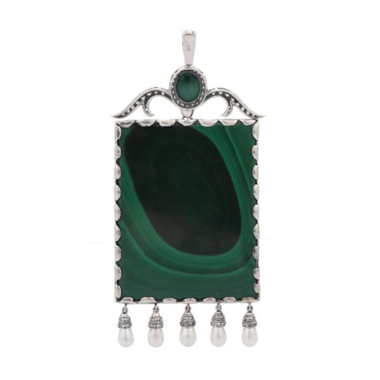 Classical Greek Antique 180.42 Carat Malachite, Pearl and CZ Sterling Silver Pendant For Sale