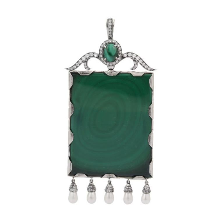 Mixed Cut Antique 180.42 Carat Malachite, Pearl and CZ Sterling Silver Pendant