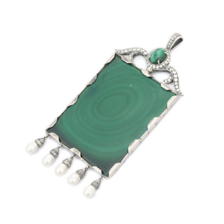 Antique 180.42 Carat Malachite, Pearl and CZ Sterling Silver Pendant In New Condition For Sale In Houston, TX