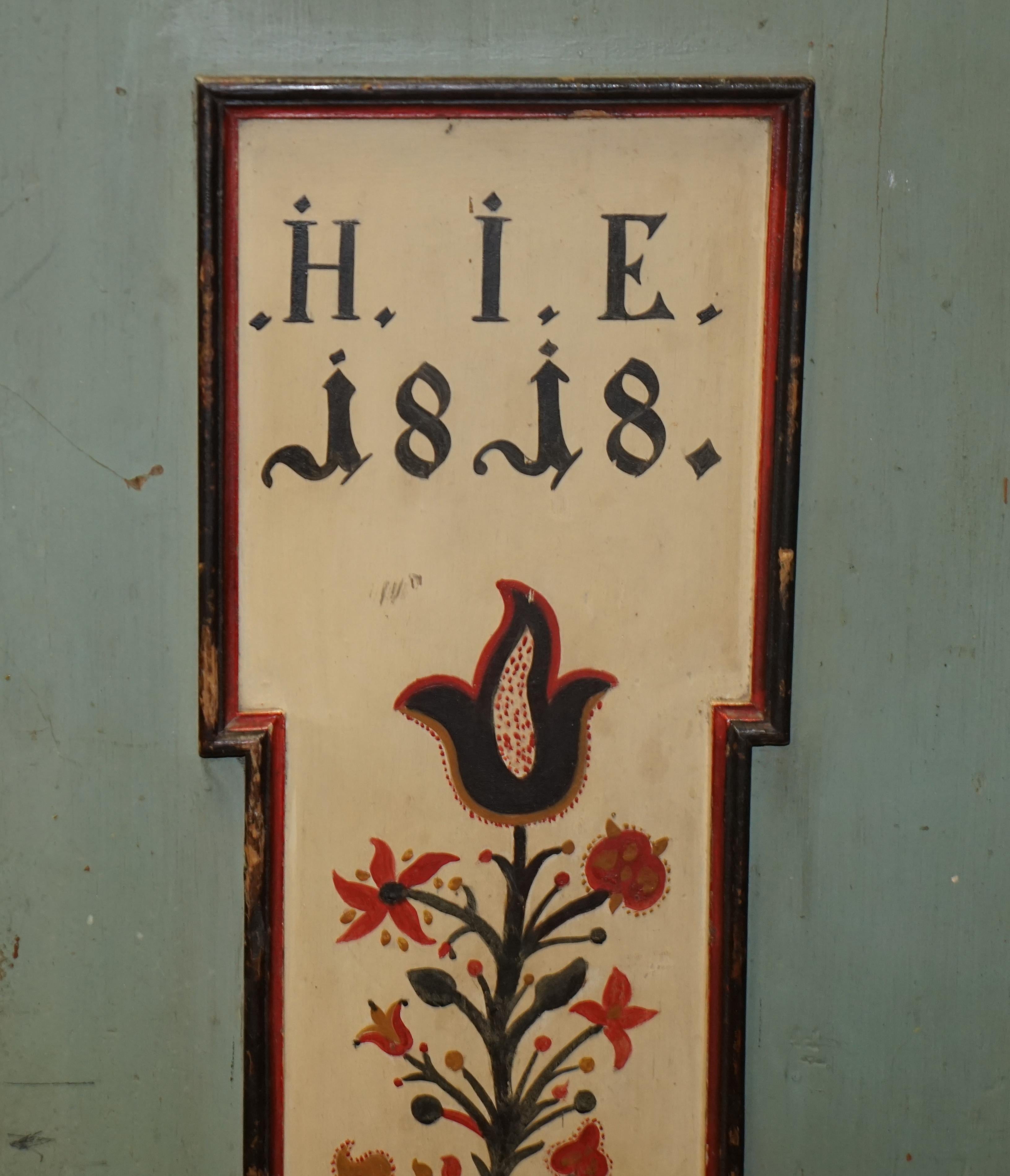 Antique 1818 Dated Aqua Blue Hand Painted German Marriage Wardrobe Rare Colour For Sale 4