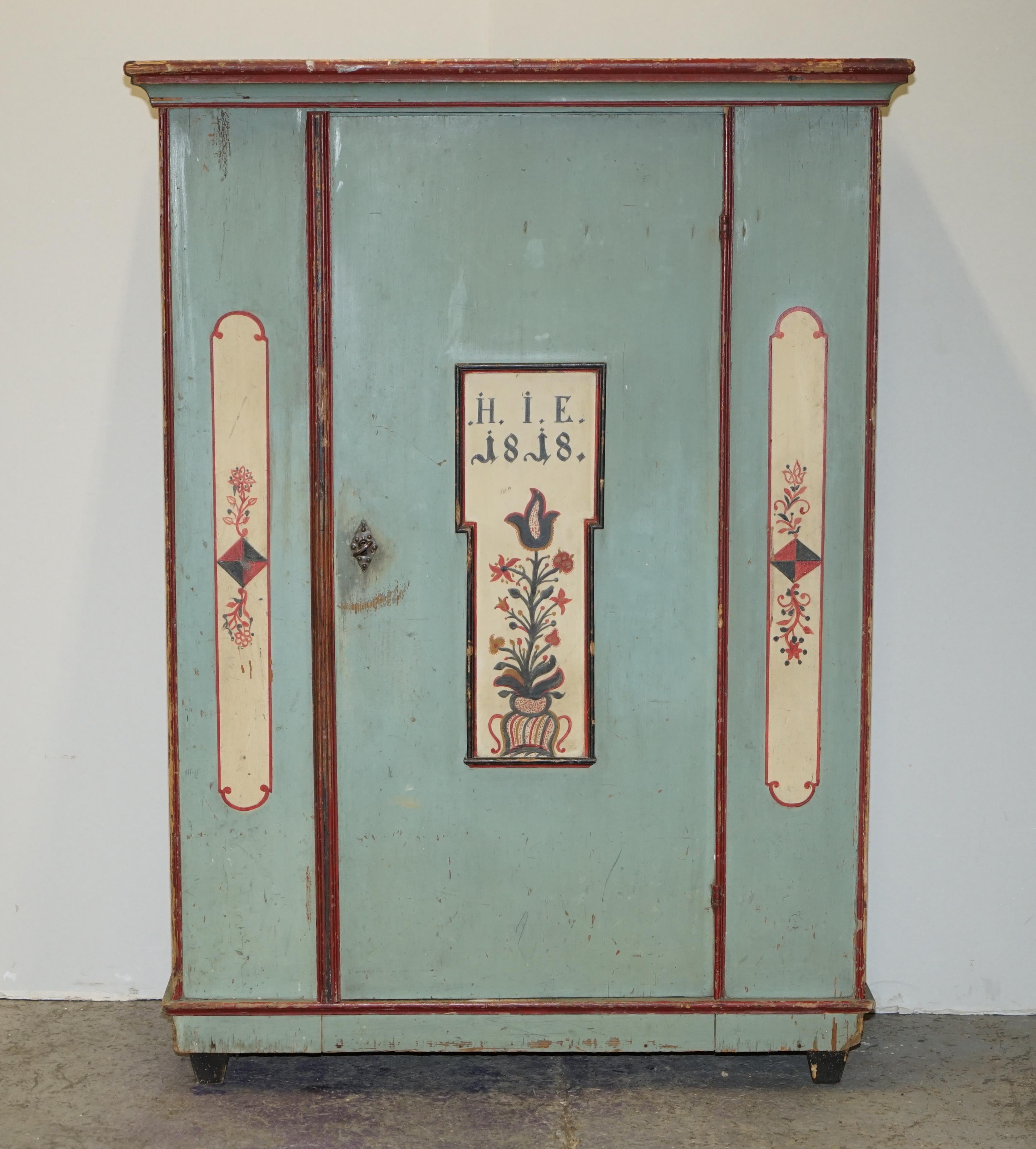 We are is delighted to offer for sale this stunning original 1818 dated Antique German Marriage wardrobe in very a rare light blue paint 

I have recently purchased a very large collection of these original, antique painted wardrobes and trunks, I