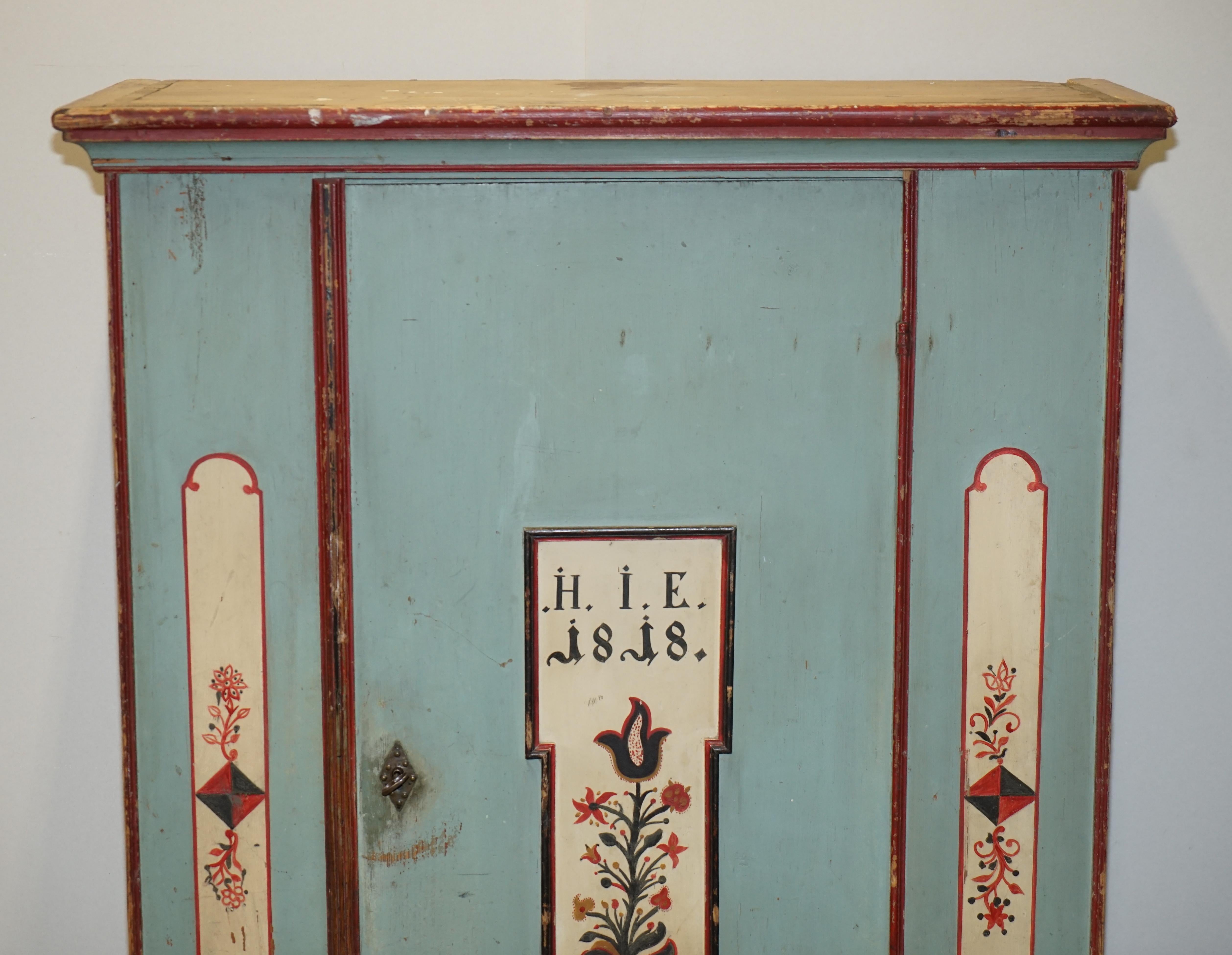Regency Antique 1818 Dated Aqua Blue Hand Painted German Marriage Wardrobe Rare Colour For Sale