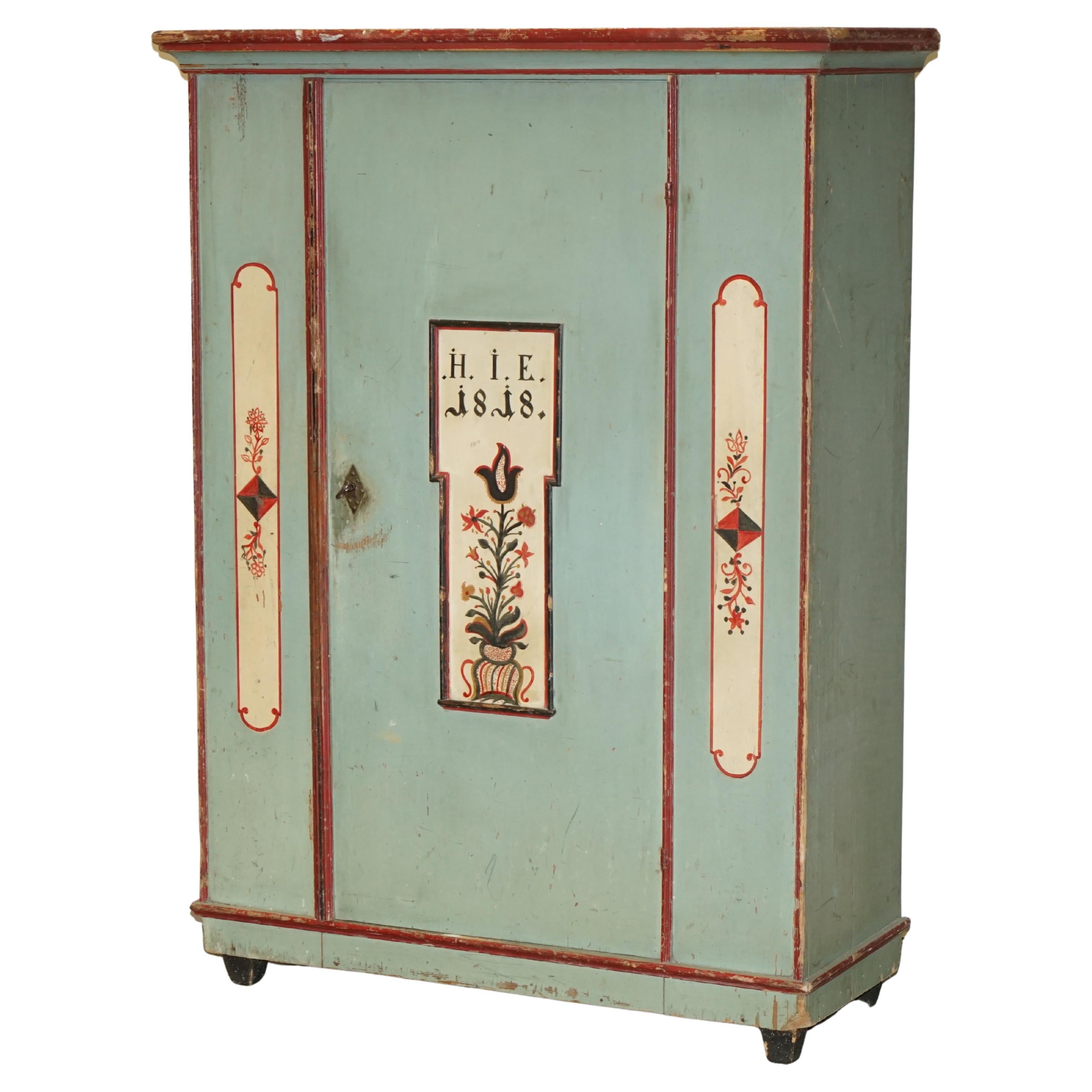 Antique 1818 Dated Aqua Blue Hand Painted German Marriage Wardrobe Rare Colour For Sale