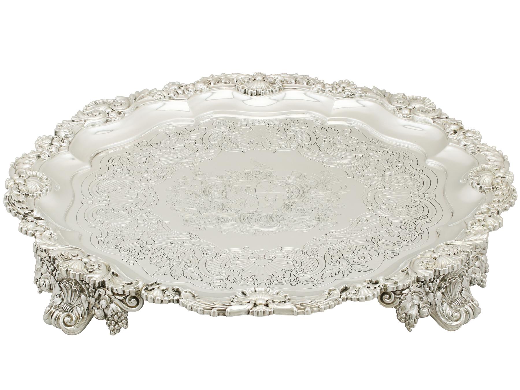 A magnificent, fine and impressive antique George III English sterling silver salver made by Paul Storr; an addition to our range of collectable silverware.

This magnificent antique George III sterling silver salver has a circular shaped