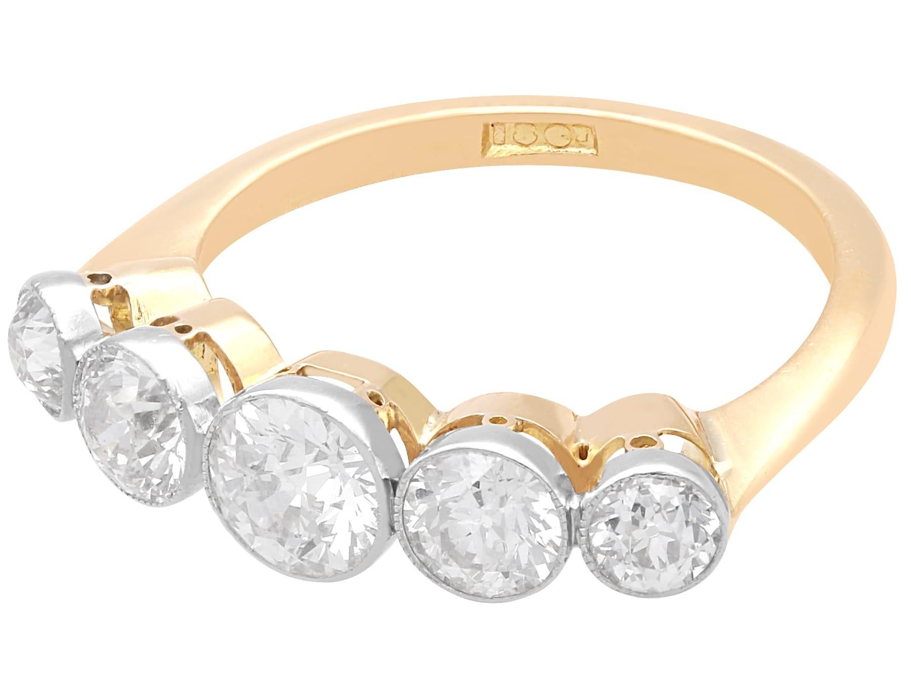 Old European Cut Antique 1.82 Carat Diamond and 15k Yellow Gold Five Stone Ring Circa 1900 For Sale