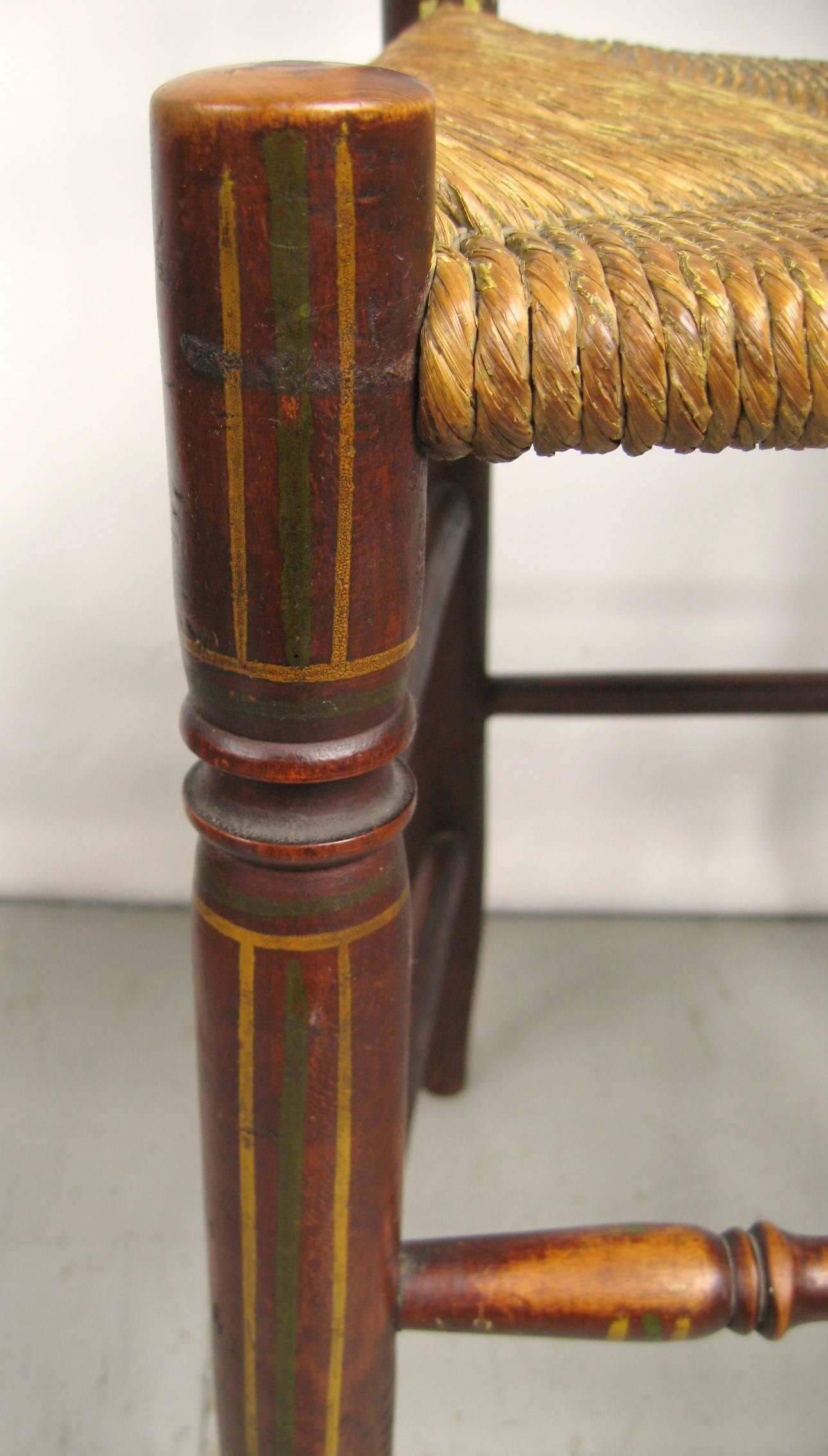 Early 19th Century Antique 1820s Set of Six Ladder Back Chairs Rush Seat Paint Decorated  For Sale