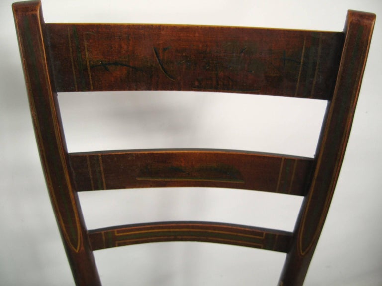 Antique 1820s Set of Six Ladder Back Rush Seat Paint Decorated Chairs