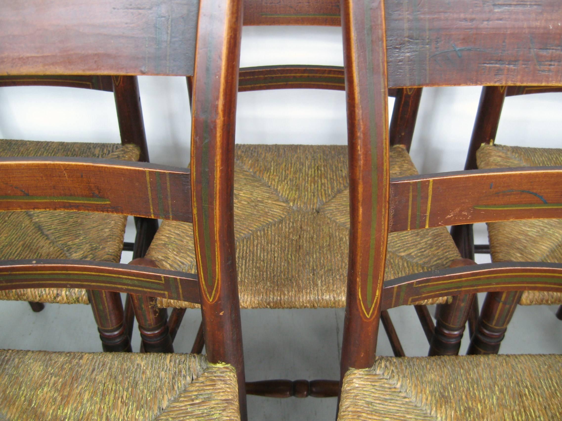 Antique 1820s Set of Six Ladder Back Chairs Rush Seat Paint Decorated For Sale 5