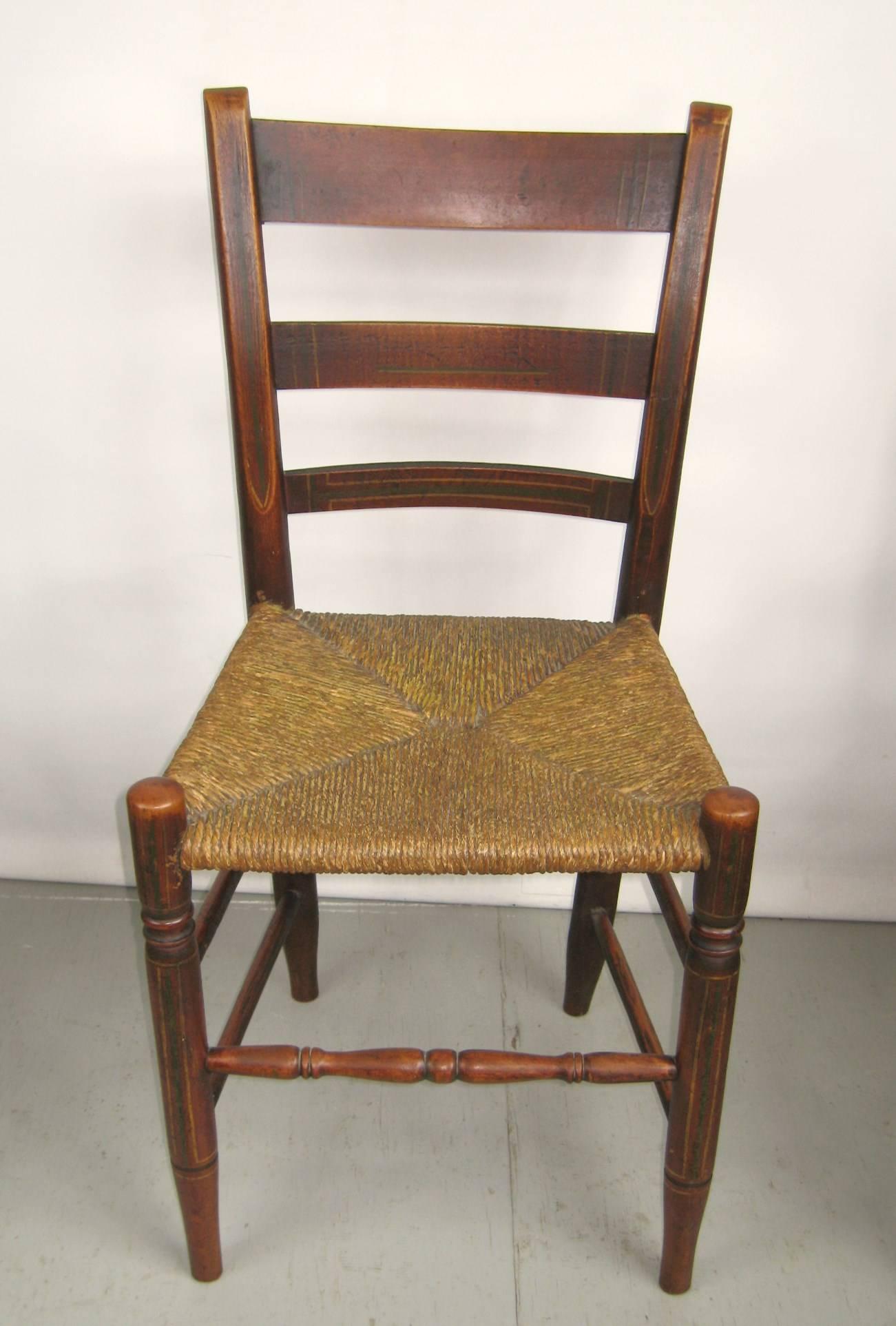 Primitive Antique 1820s Set of Six Ladder Back Chairs Rush Seat Paint Decorated  For Sale