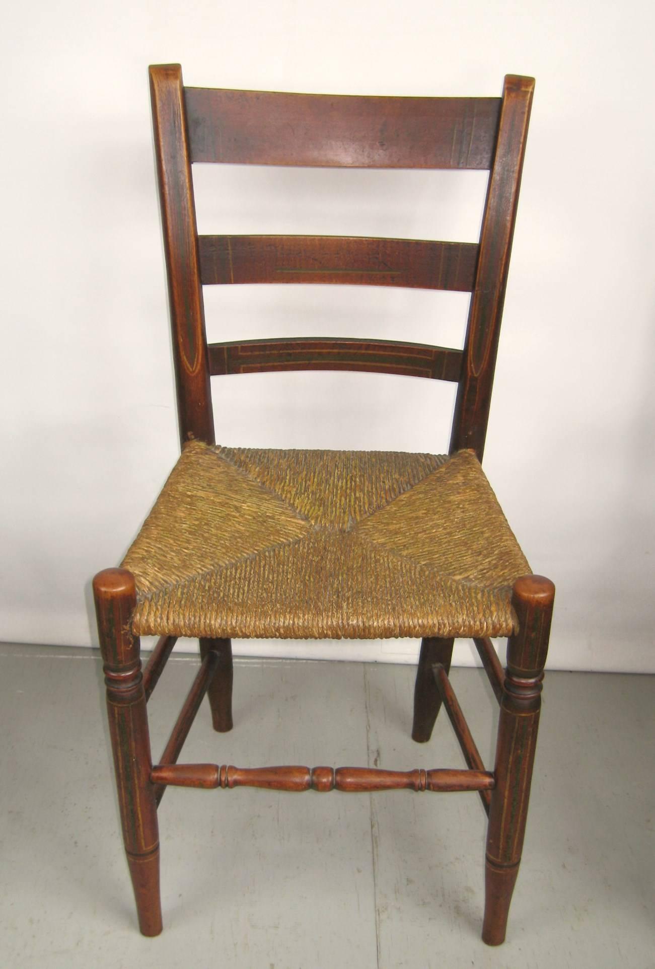 Primitive Antique 1820s Set of Six Ladder Back Chairs Rush Seat Paint Decorated For Sale