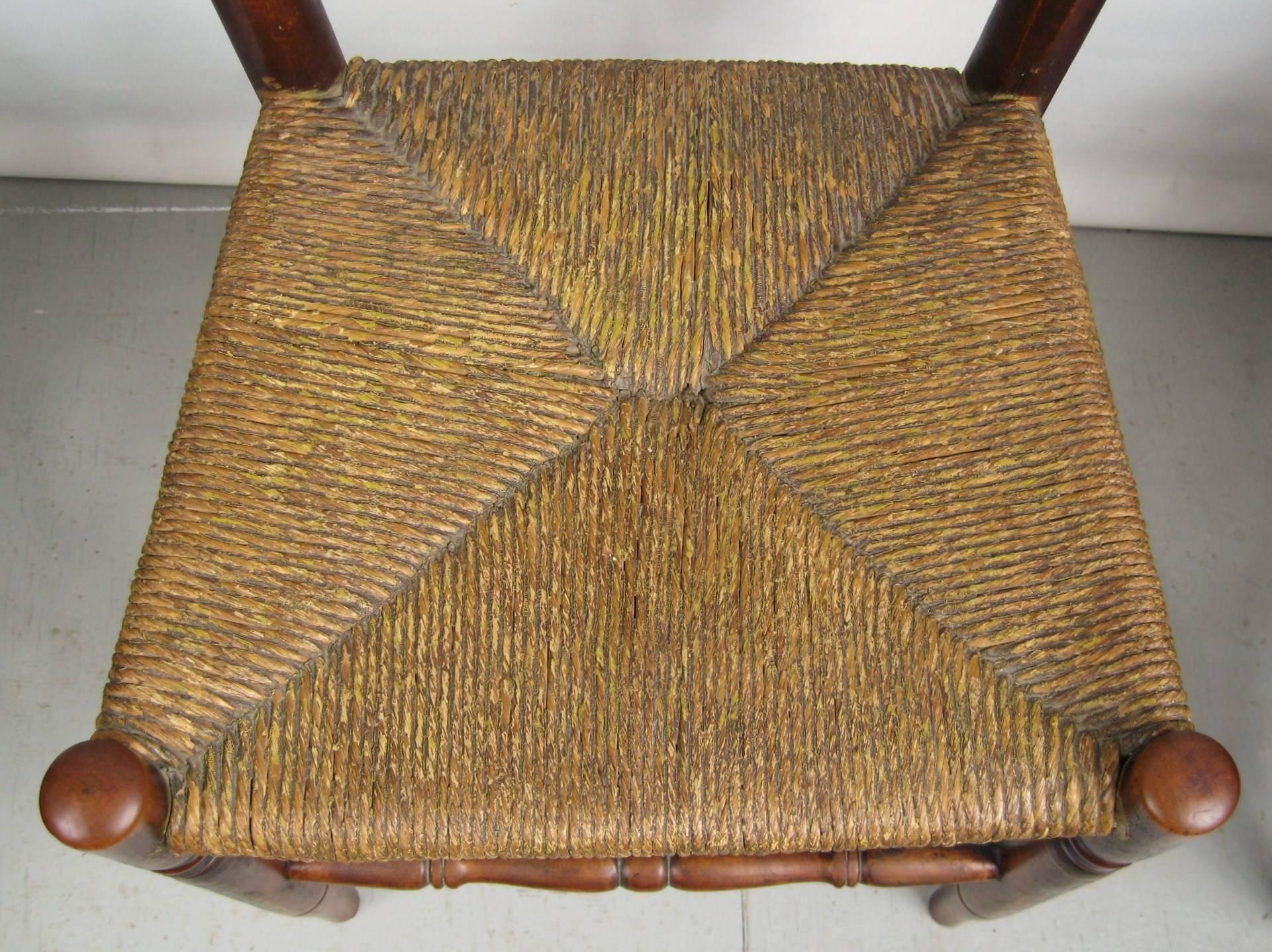Hand-Crafted Antique 1820s Set of Six Ladder Back Chairs Rush Seat Paint Decorated For Sale