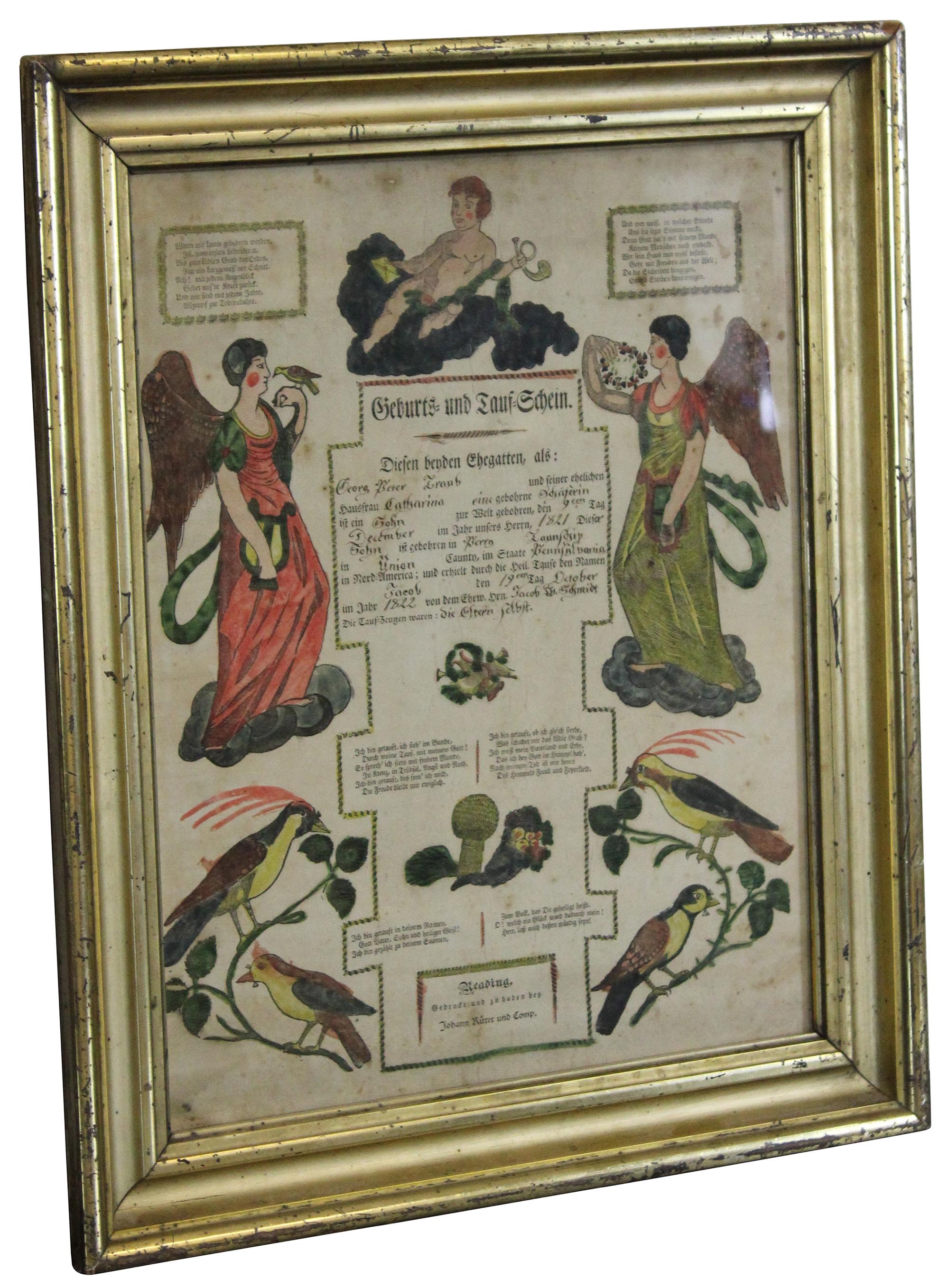 Antique 1822 German Birth and Baptism Certificate copper plate engraving by Johann Ritter & Company. Features a hand colored engraving with cherubs, angels, birds, harps and a poem. Signed 1821 / 1822.

Measures: Sans frame 16