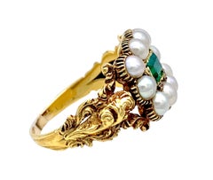 Antique 1825 15K Gold Ring Emerald Natural Oriental Pearls