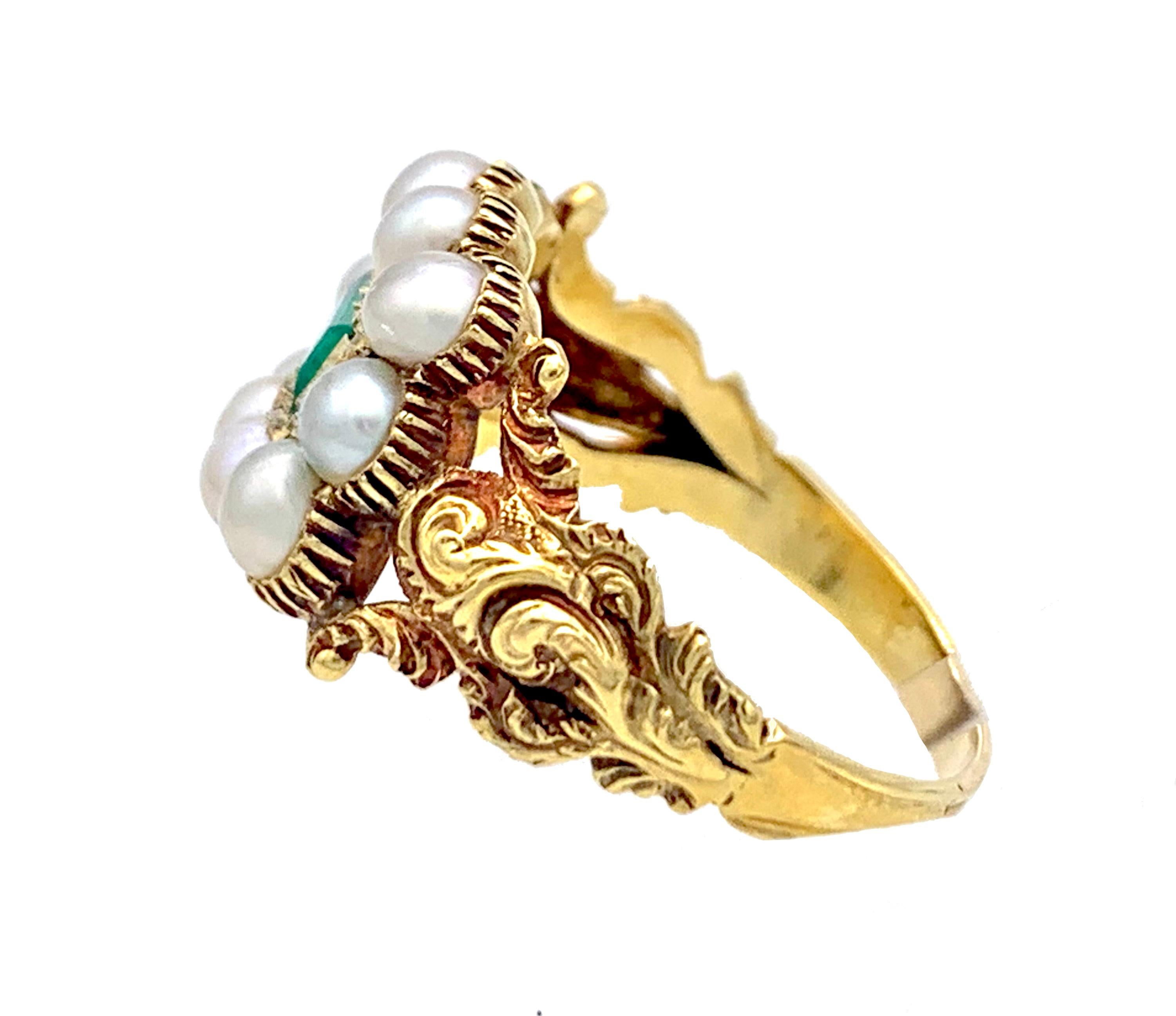 George IV Antique 1825 15K Gold Ring Emerald Natural Oriental Pearls  For Sale