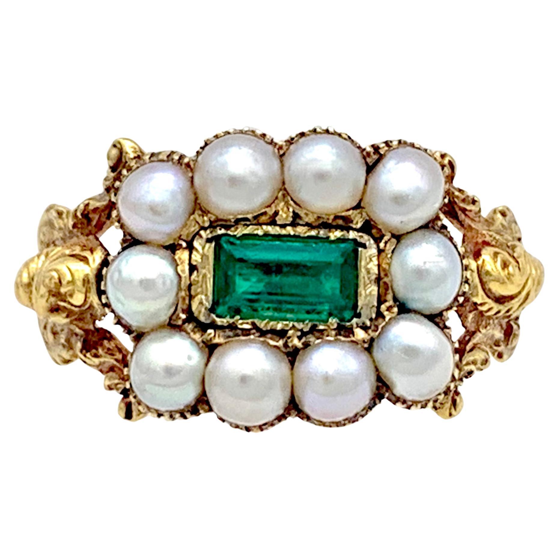Antique 1825 15K Gold Ring Emerald Natural Oriental Pearls  For Sale