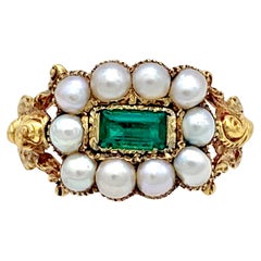 Antique 1825 15K Gold Ring Emerald Natural Oriental Pearls 