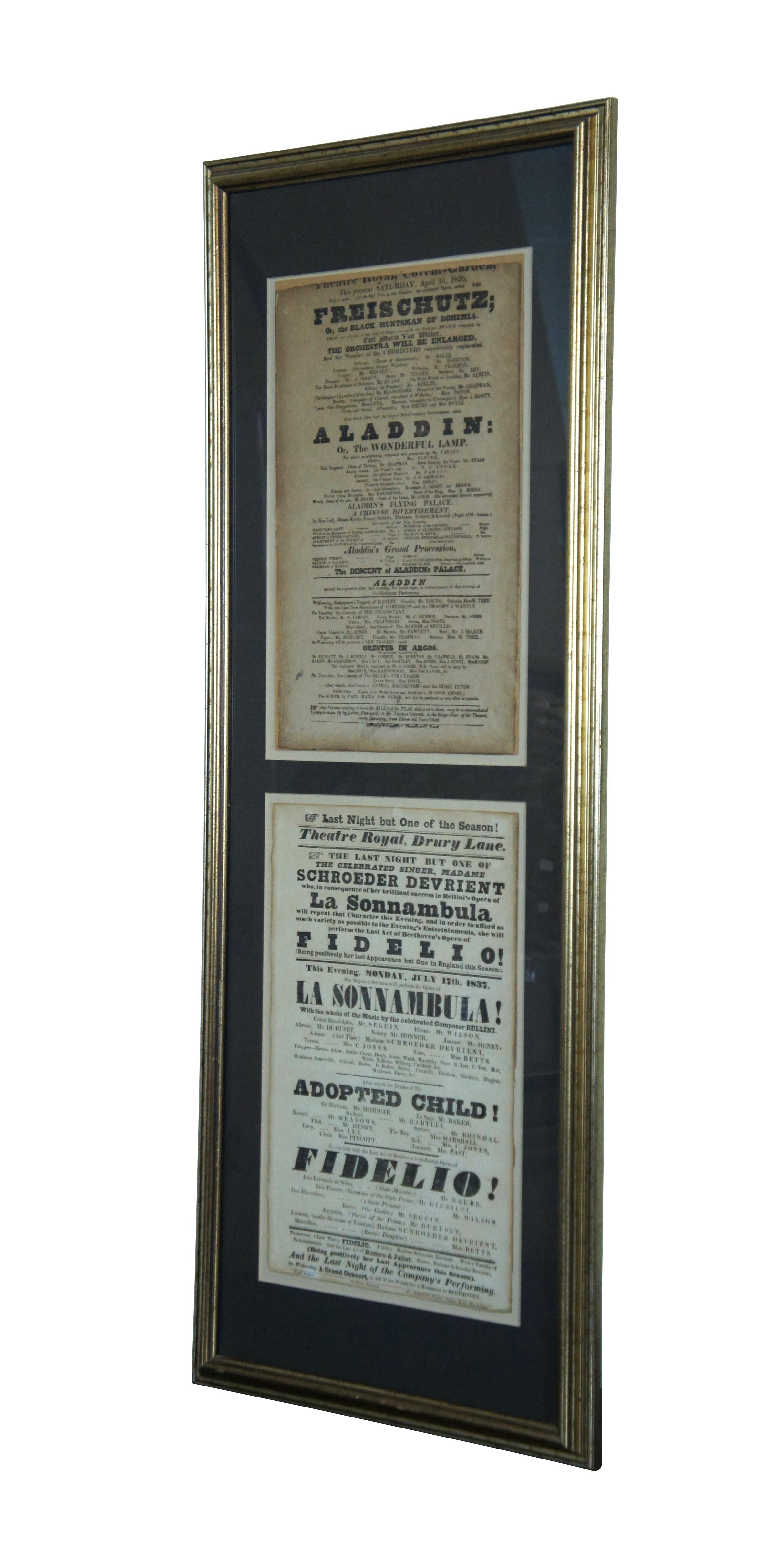 Pair of neat early 19th century theatre advertising fliers, framed in diptych. One for the Theatre Royal, Covent Garden, Saturday April 16, 1825. And the other for the Theatre Royal, Drury Lane, Monday July 17th, 1837. Giltwood frame with raised