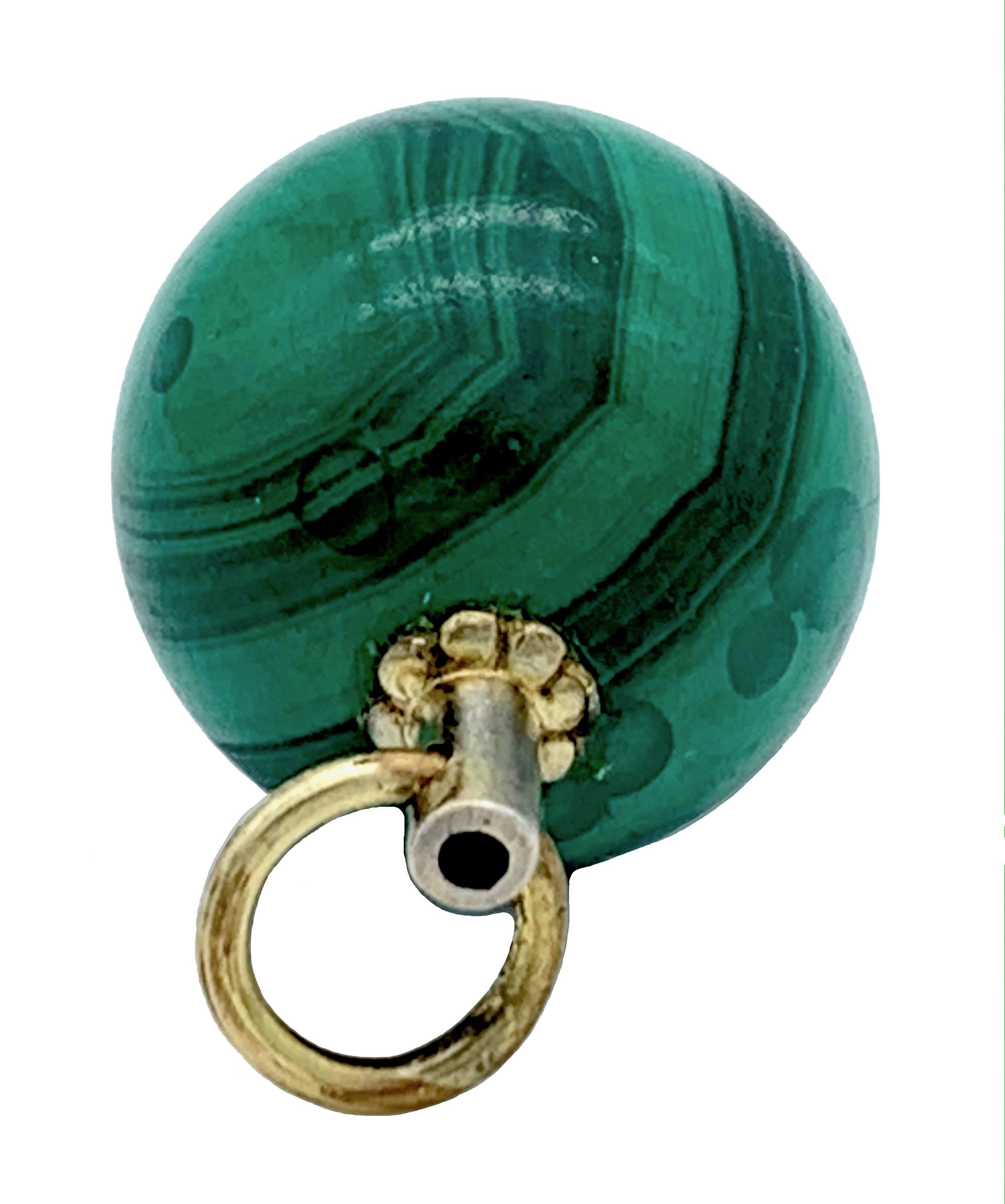 George V Antique 1825 English Watch Key Pendant Malachite Ball Silver Gilt Metal  For Sale