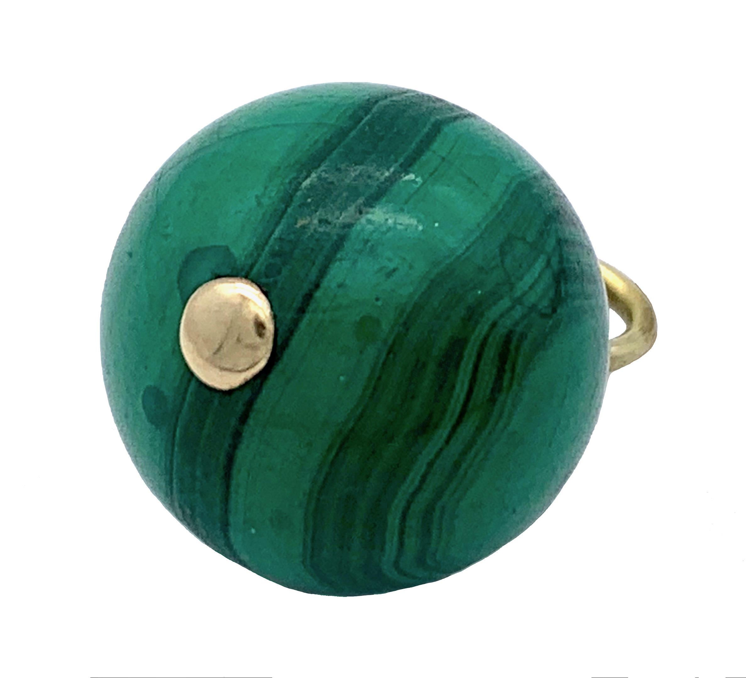 Ball Cut Antique 1825 English Watch Key Pendant Malachite Ball Silver Gilt Metal  For Sale