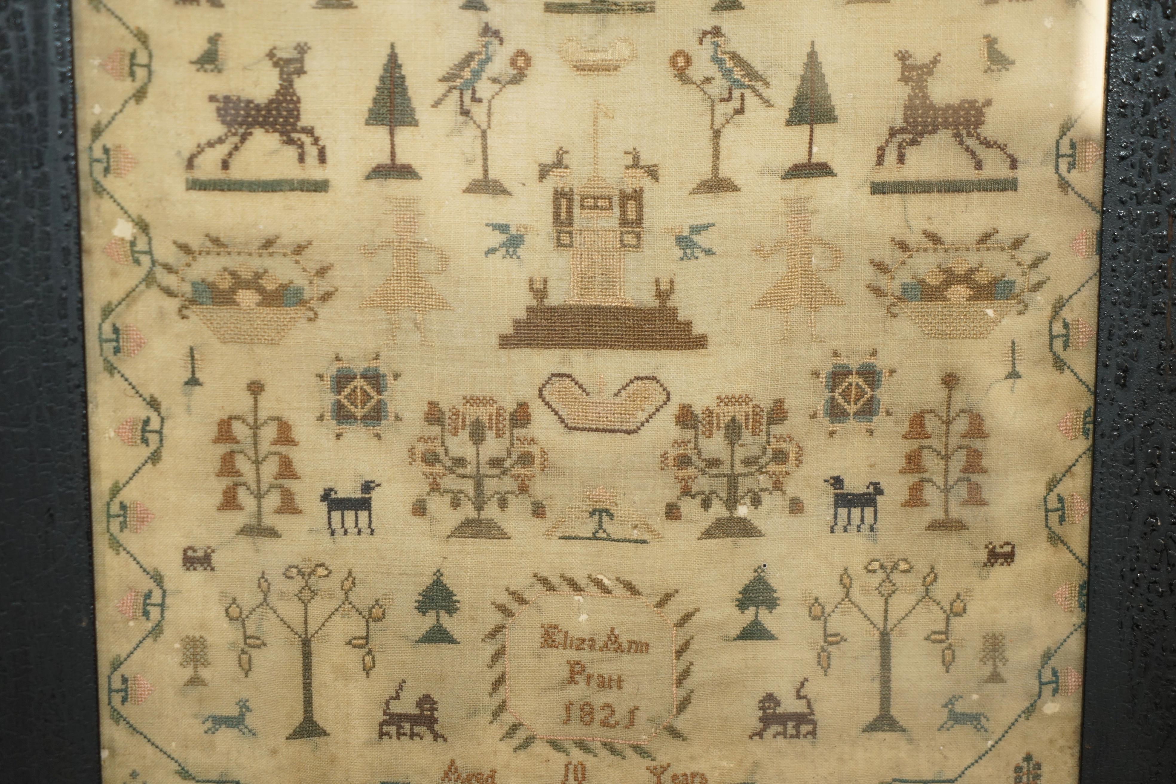 Inglese ANTICO 1825 ORIGINAL KING GEORGE IV NEEDLEWORK TAPPLER SAMPLER ELIZA ANN PATT in vendita