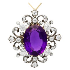 Antique 18.25ct Amethyst and 4.43ct Diamond 9k Yellow Gold Brooch / Pendant