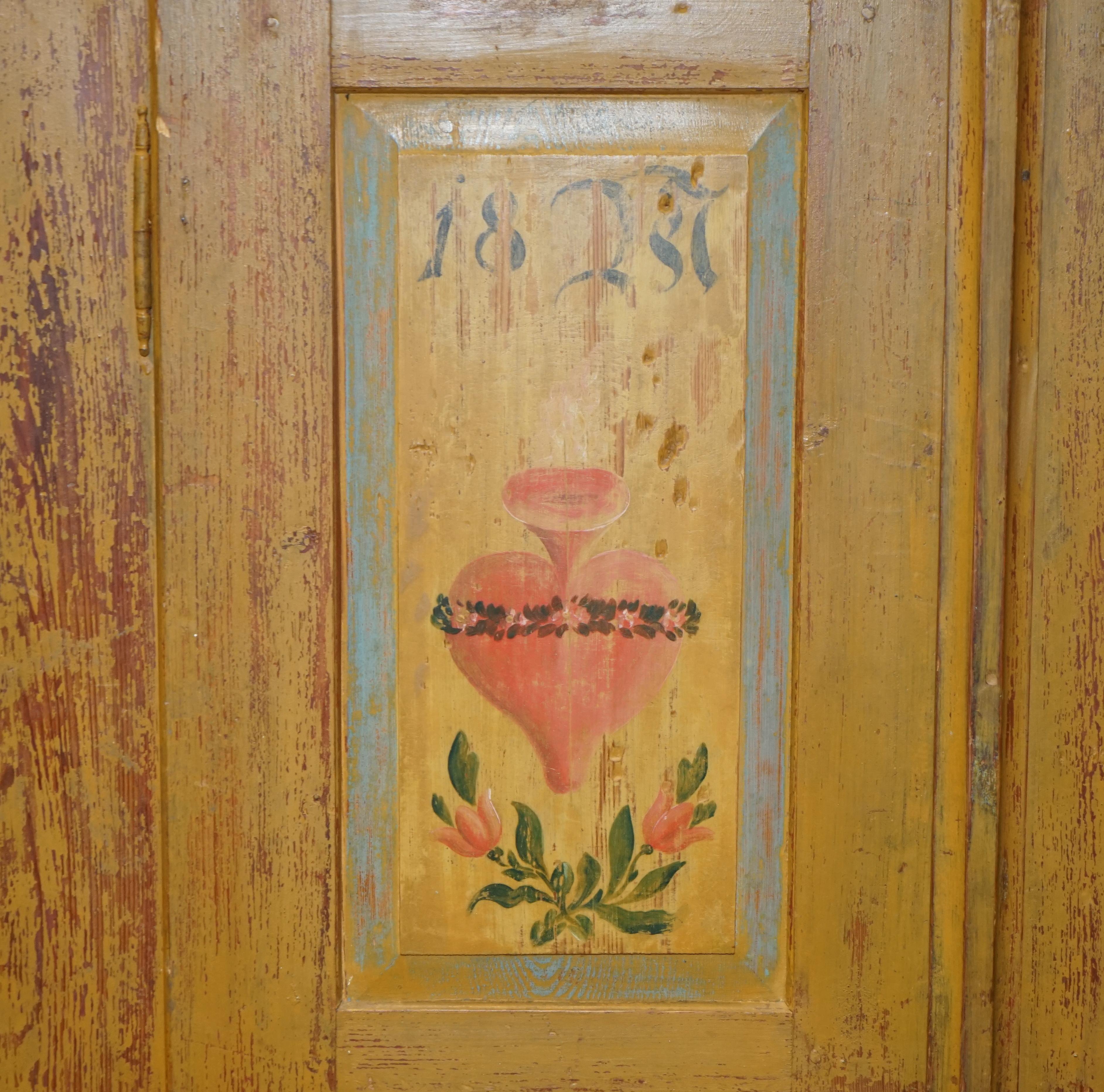 German Antique 1827 Dated Holy Heart Hand Painted Housekeepers Folded Linen Wardrobe
