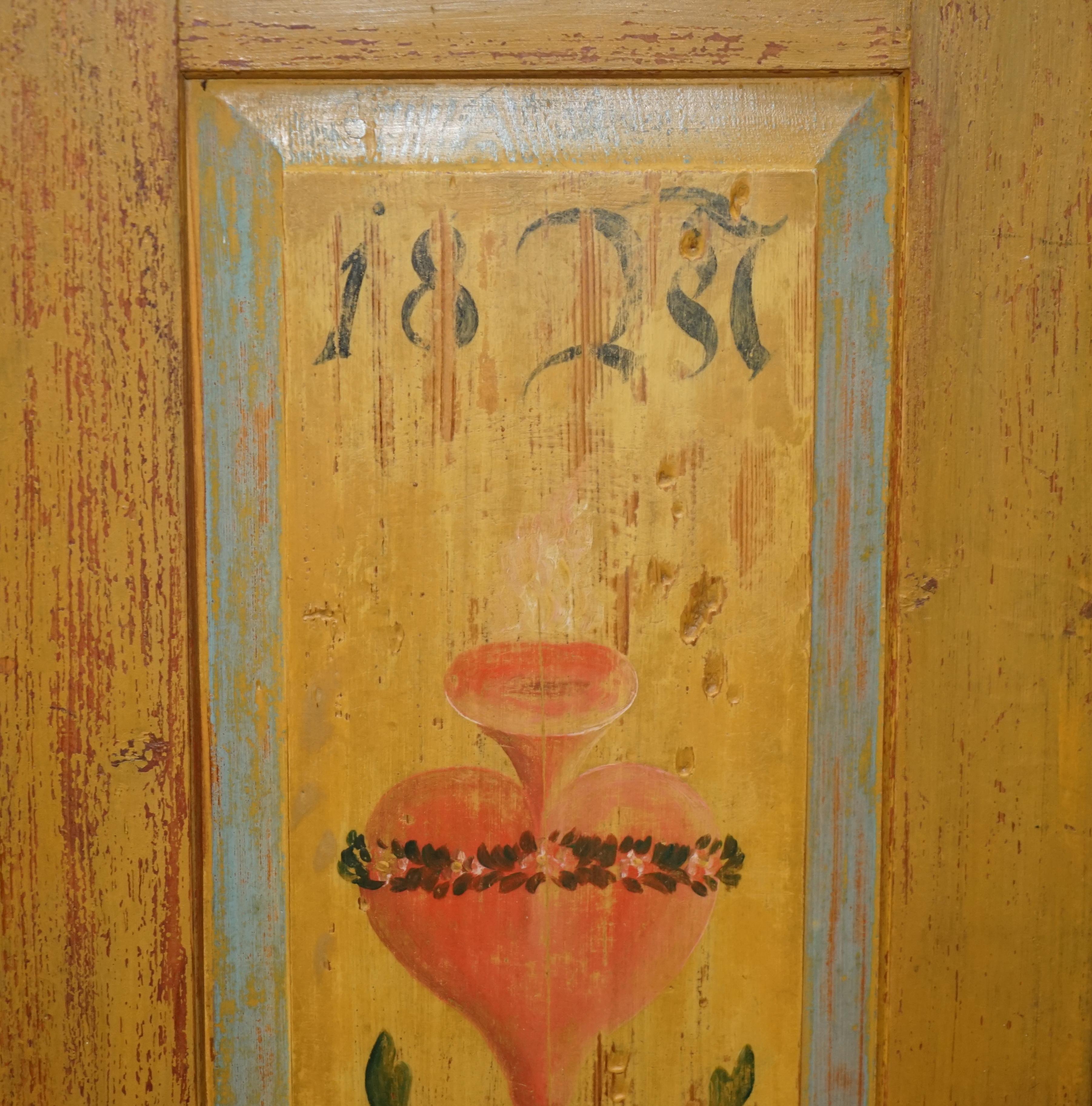 Hand-Painted Antique 1827 Dated Holy Heart Hand Painted Housekeepers Folded Linen Wardrobe