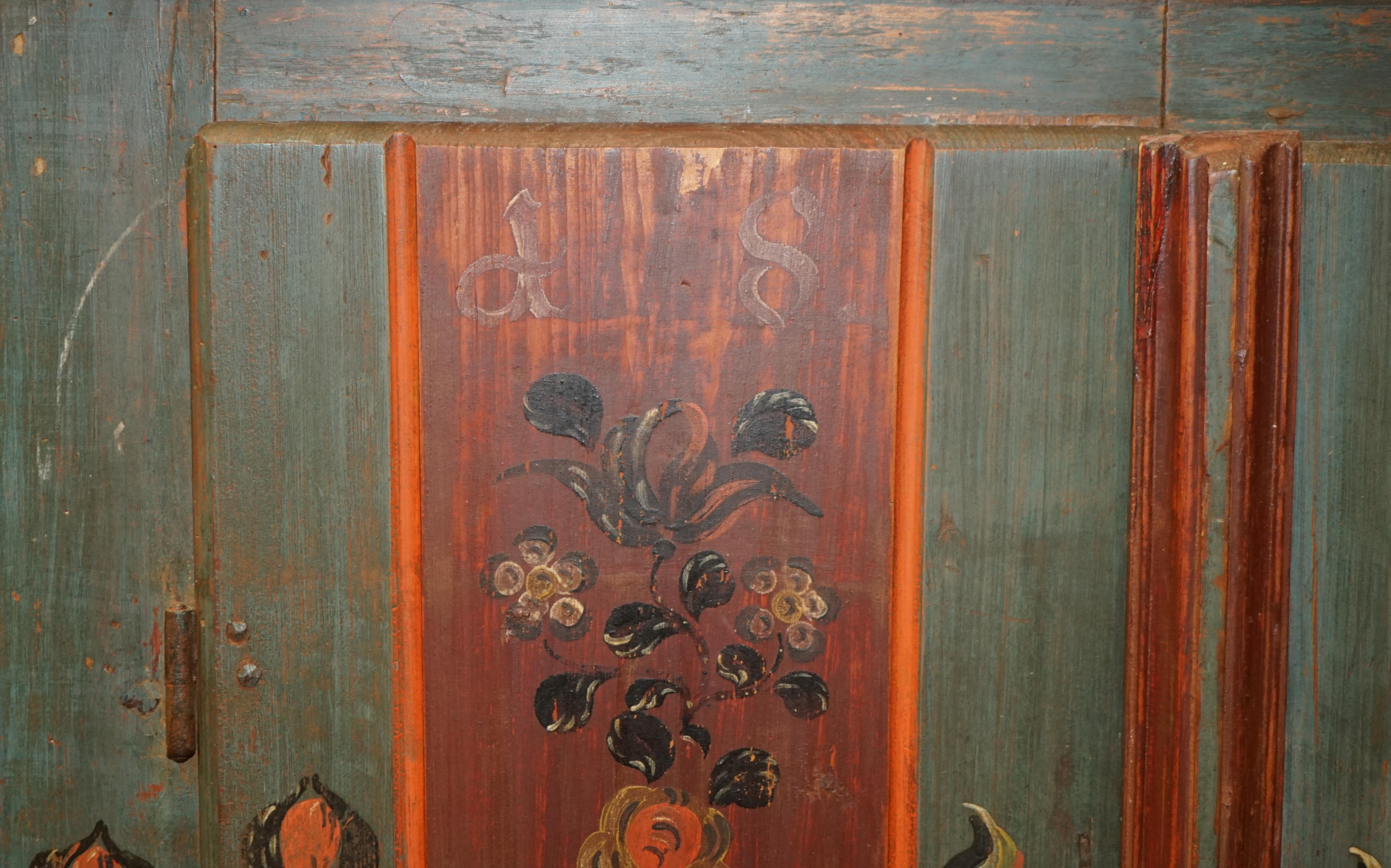 Early 19th Century Antique 1827 Dated Love Heart Hand Painted German Marriage Wardrobe Rare Colour