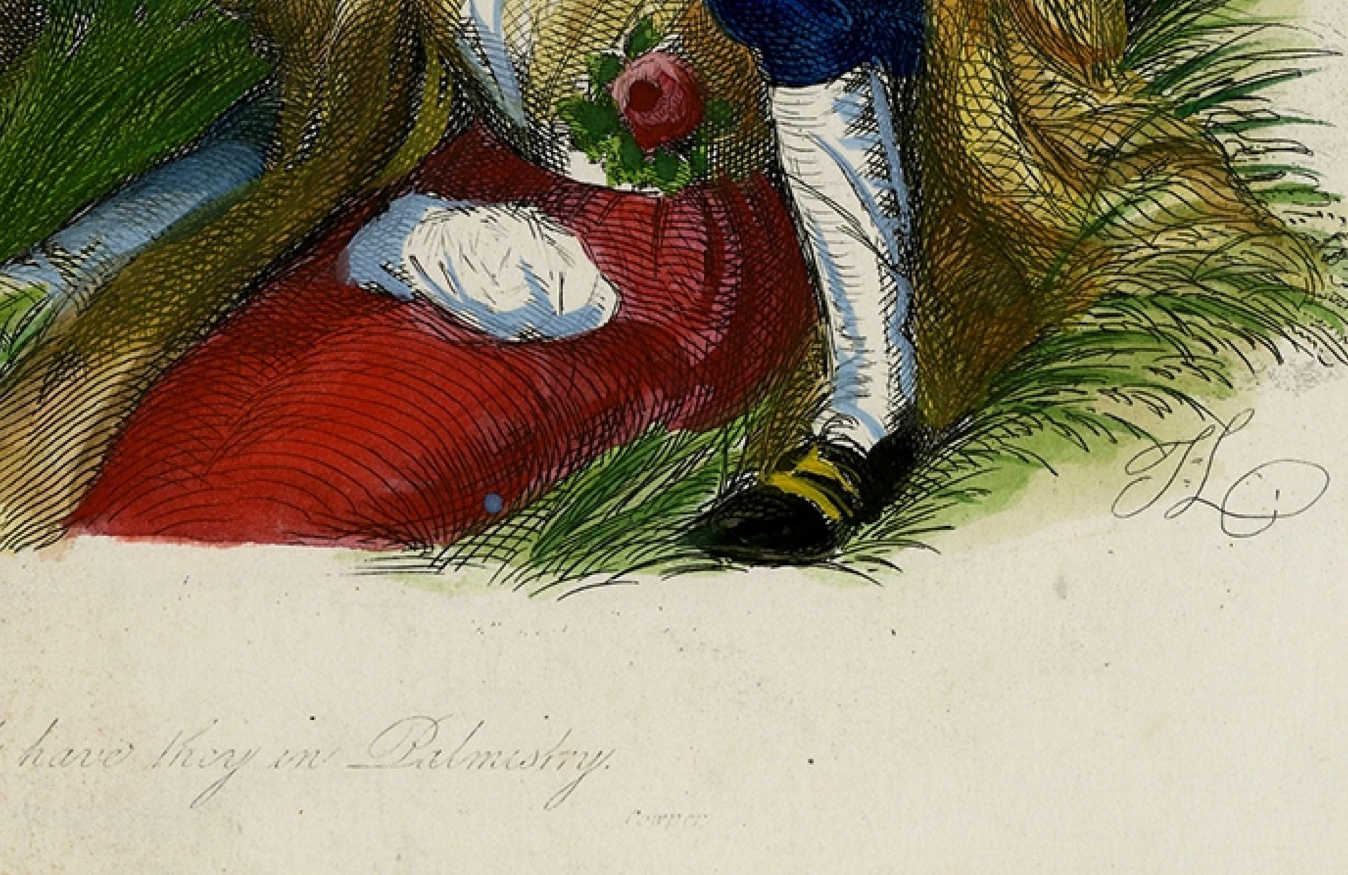 Antique 1828 Hand-Colored Satirical Print Great Skills Have They in Palmistry

This charming and humorous hand-colored etching is titled Great Skills Have They in Palmistry and was published in 1828 as part of the series Monkeyana, or Men in