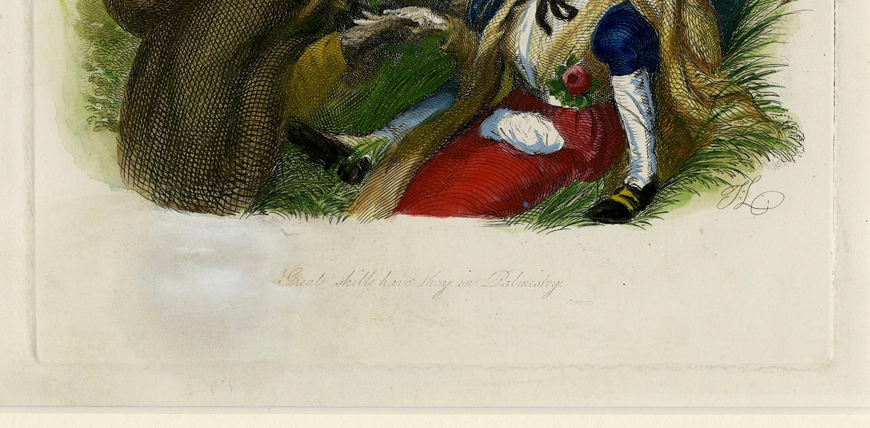Paper Antique 1828 Hand-Colored Satirical Print Great Skills Have They in Palmistry For Sale