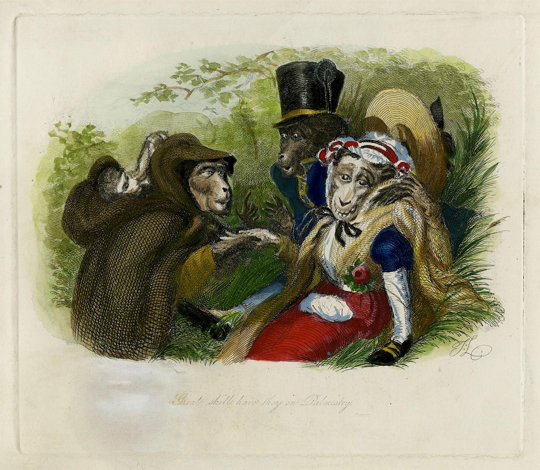 Antique 1828 Hand-Colored Satirical Print Great Skills Have They in Palmistry For Sale 2
