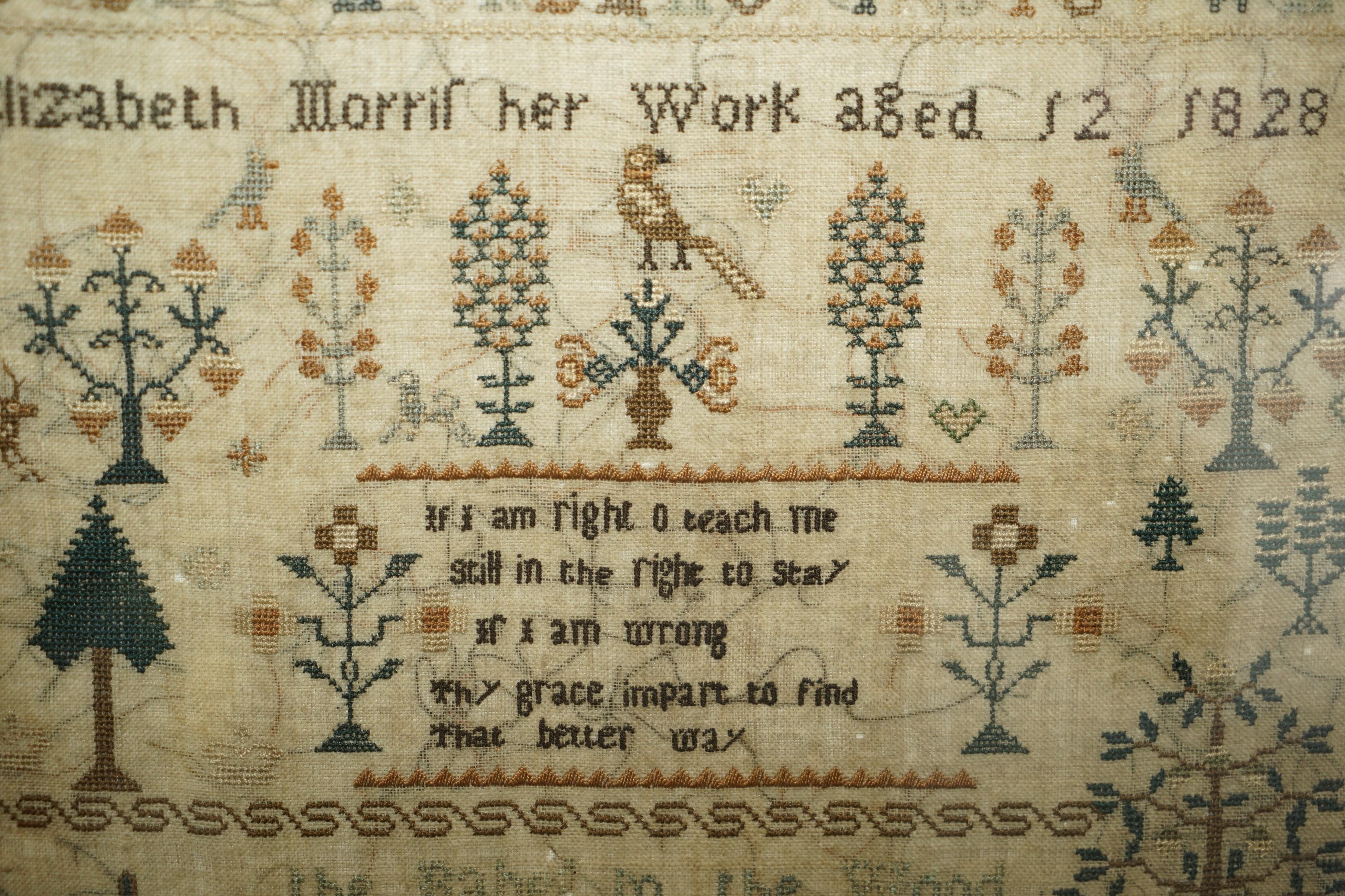 English ANTIQUE 1828 ORIGINAL KiNG GEORGE IV NEEDLEWORK TAPESTRY SAMPLER HARDWOOD FRAME For Sale