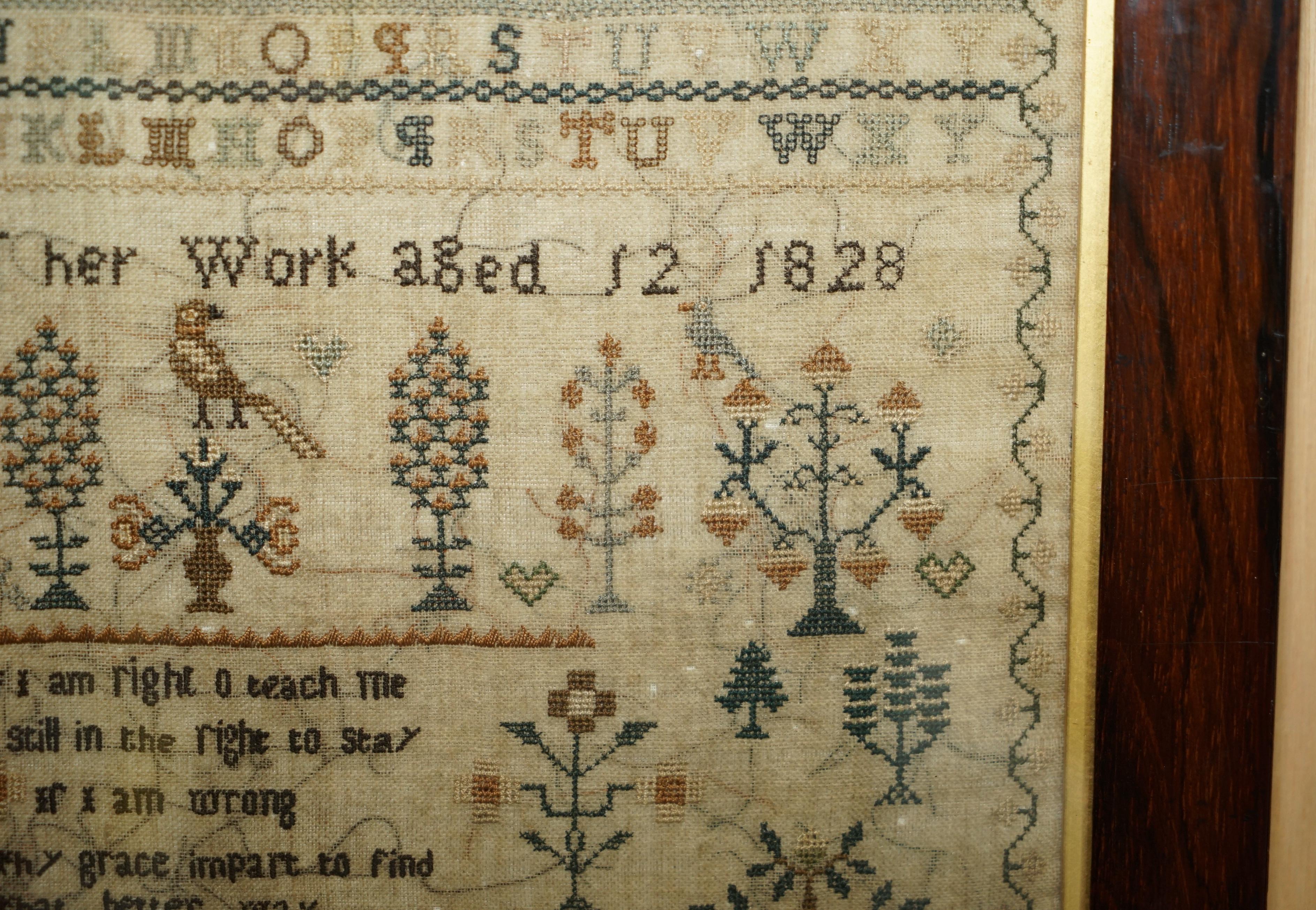 Hand-Crafted ANTIQUE 1828 ORIGINAL KiNG GEORGE IV NEEDLEWORK TAPESTRY SAMPLER HARDWOOD FRAME For Sale