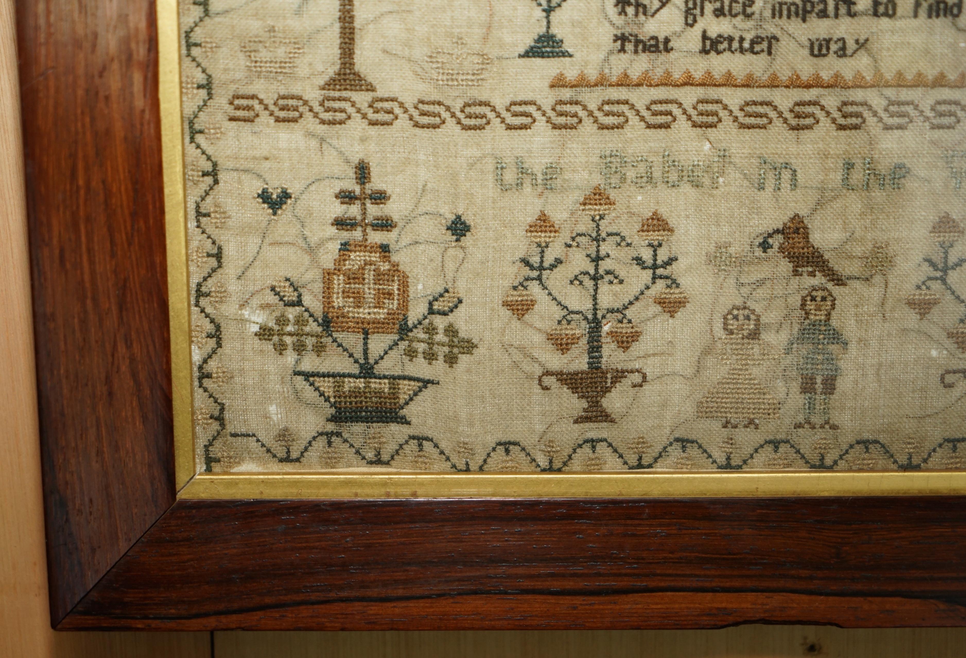 Cotton ANTIQUE 1828 ORIGINAL KiNG GEORGE IV NEEDLEWORK TAPESTRY SAMPLER HARDWOOD FRAME For Sale