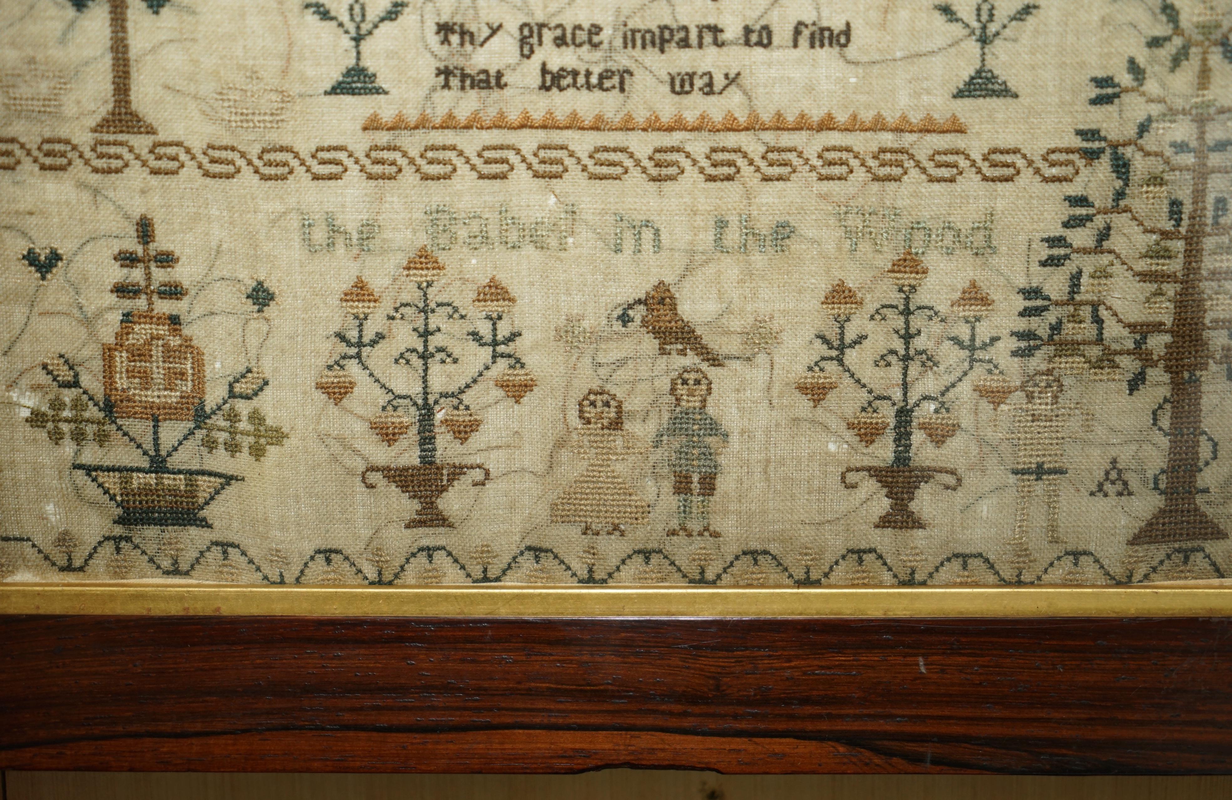 ANTIQUE 1828 ORIGINAL KiNG GEORGE IV NEEDLEWORK TAPESTRY SAMPLER HARDWOOD FRAME For Sale 1