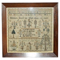 ANTIQUE 1828 ORIGINAL KiNG GEORGE IV NEEDLEWORK TAPESTRY SAMPLER HARDWOOD FRAME