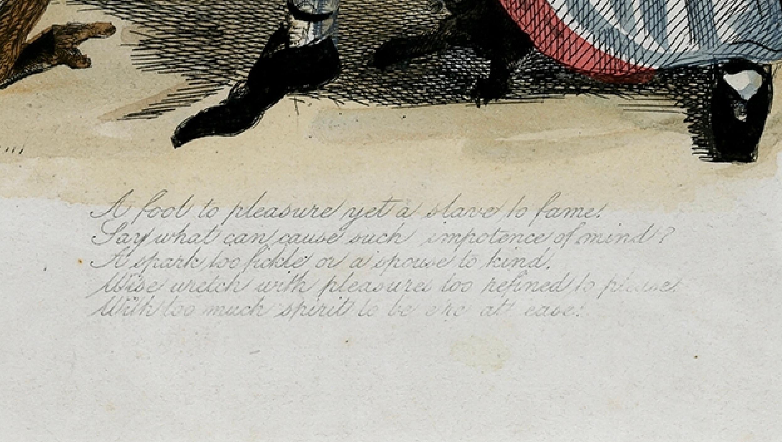Antique 1828 Satirical Print A Fool to Pleasure Yet a Slave to Fame Hand-Colored In Good Condition For Sale In Langweer, NL