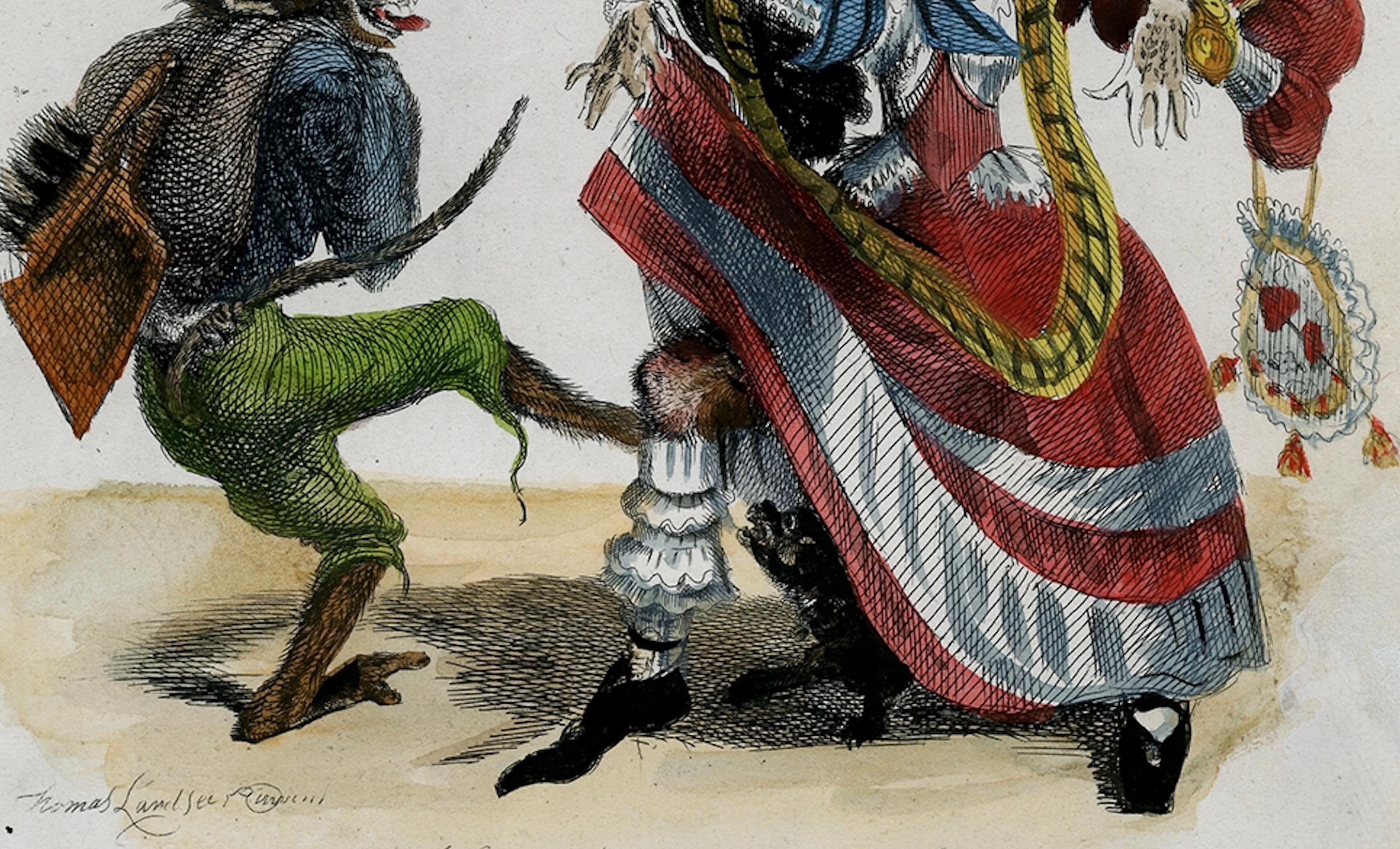 Early 19th Century Antique 1828 Satirical Print A Fool to Pleasure Yet a Slave to Fame Hand-Colored For Sale