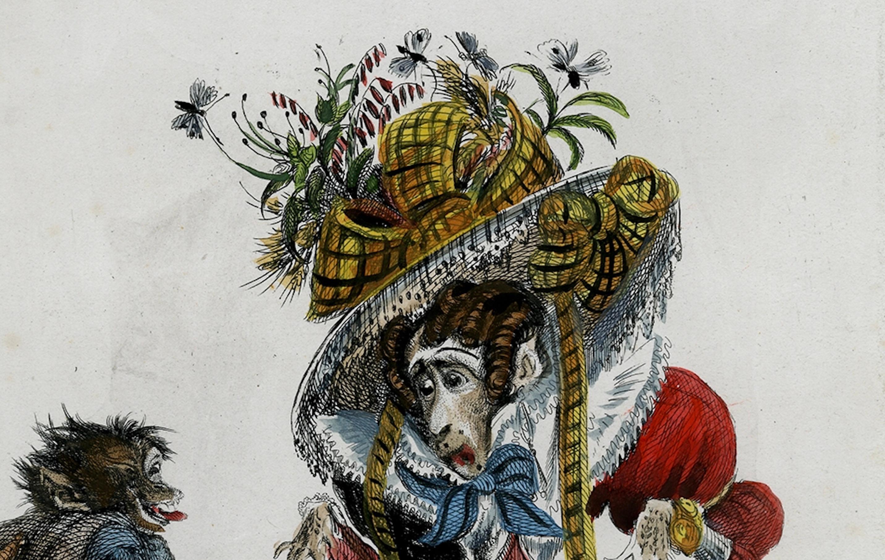 Paper Antique 1828 Satirical Print A Fool to Pleasure Yet a Slave to Fame Hand-Colored For Sale