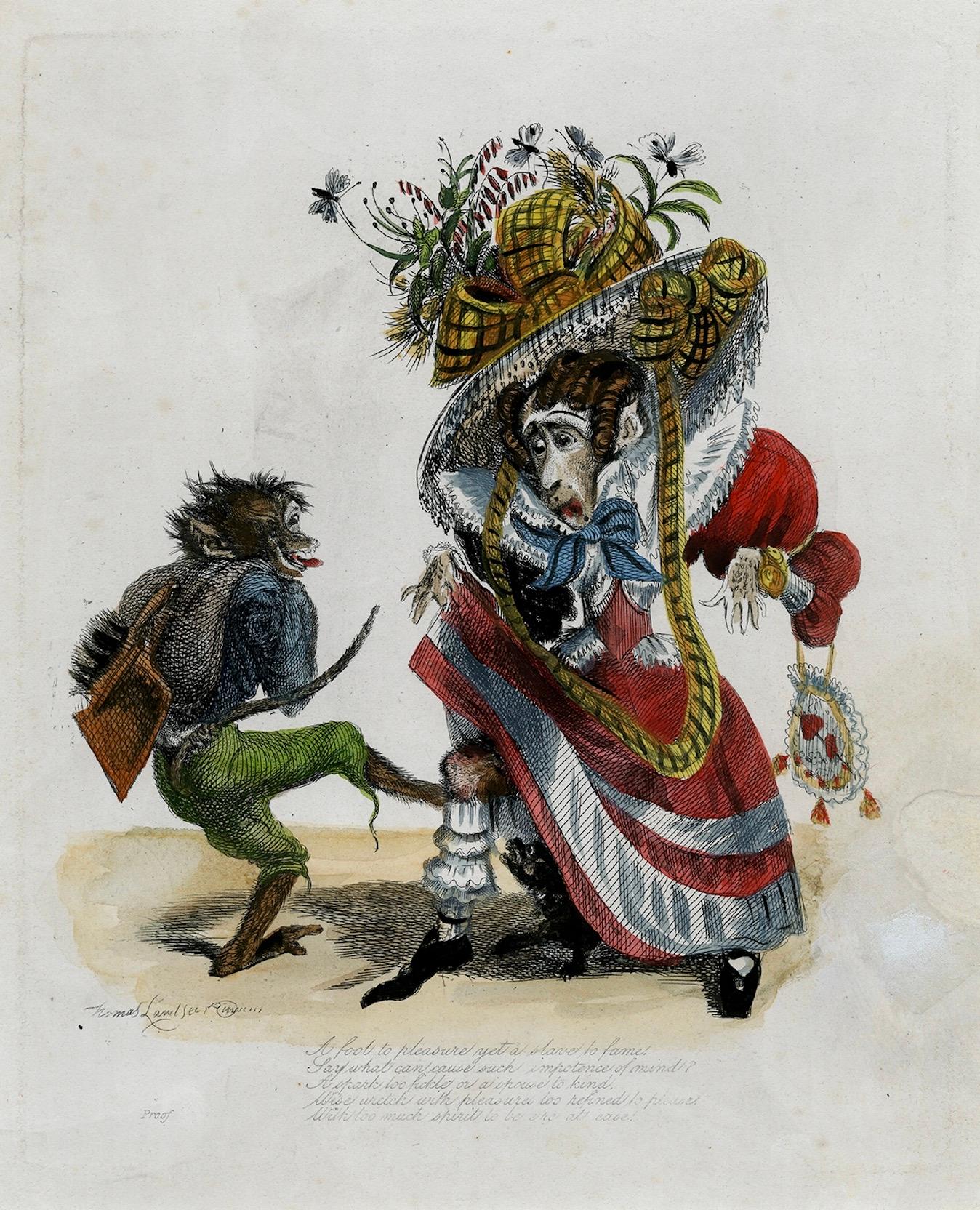 Antique 1828 Satirical Print A Fool to Pleasure Yet a Slave to Fame Hand-Colored For Sale 1