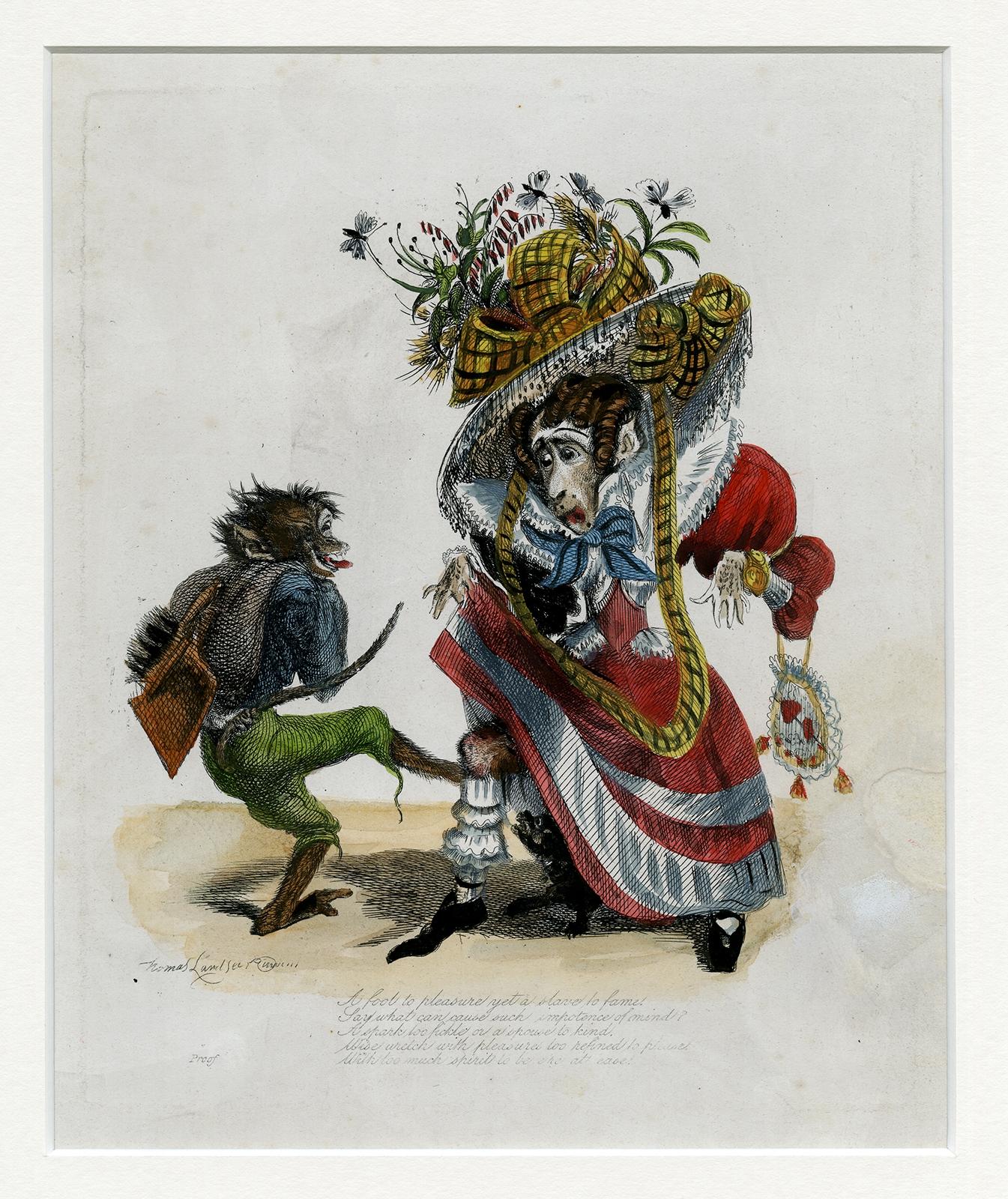 Antique 1828 Satirical Print A Fool to Pleasure Yet a Slave to Fame Hand-Colored For Sale 2