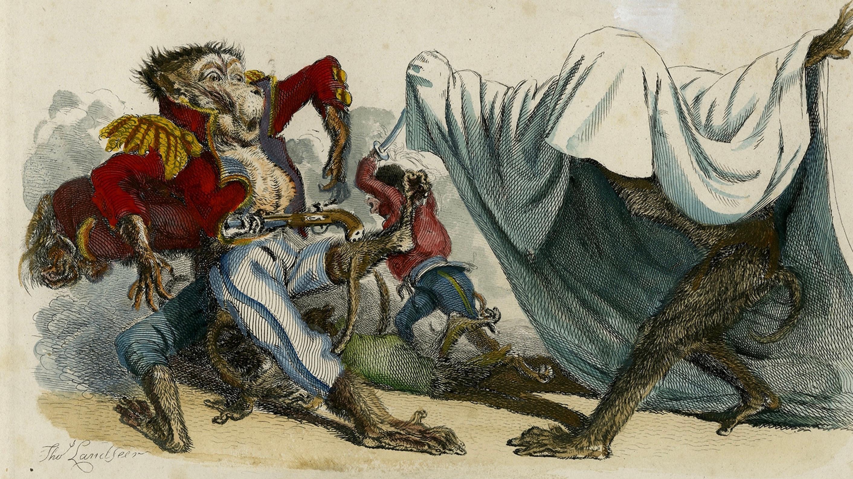Antiker satirischer Druck aus dem Jahr 1828, The Impotence of the Uniform Hand-Colored im Zustand „Gut“ im Angebot in Langweer, NL