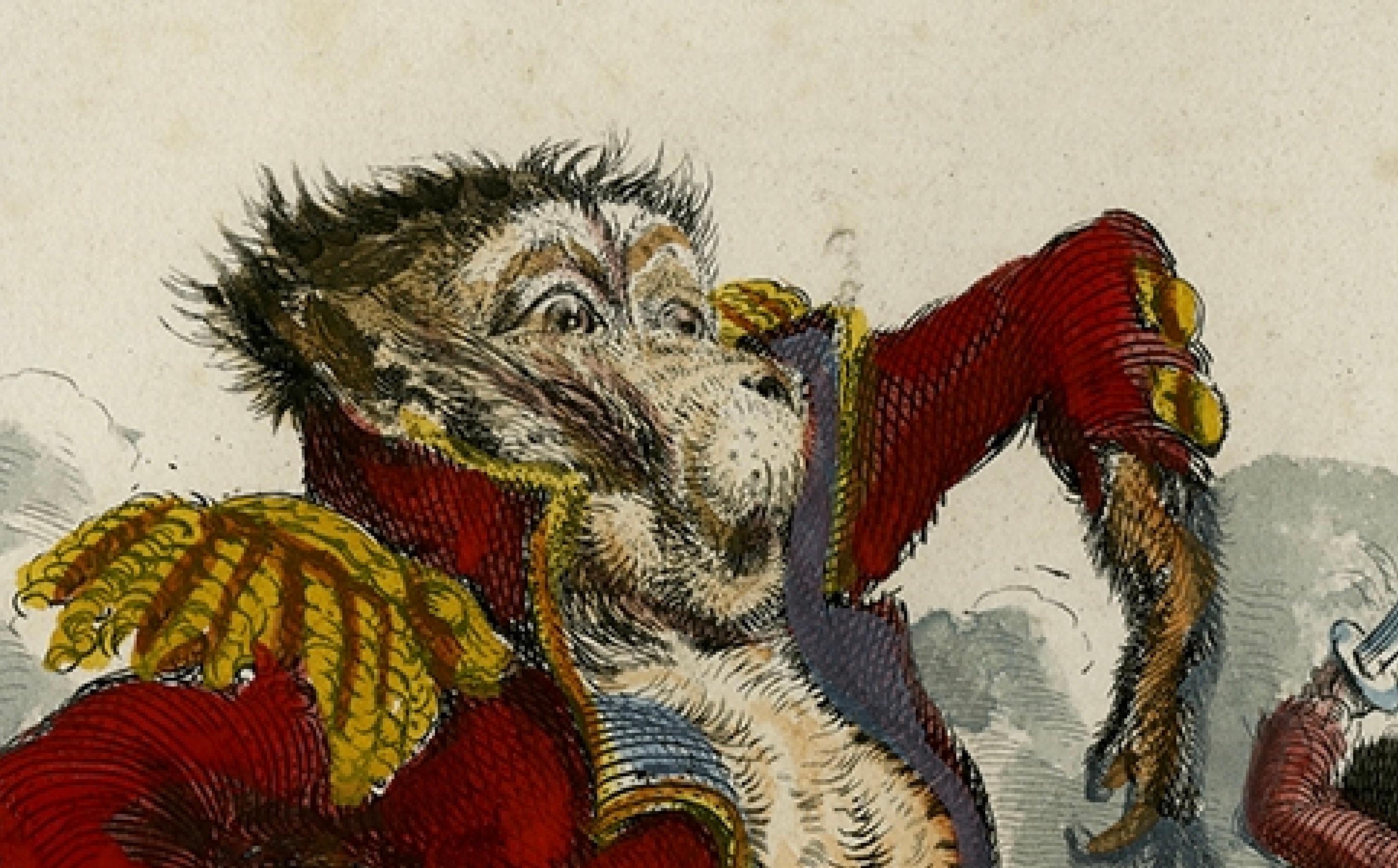 Antiker satirischer Druck aus dem Jahr 1828, The Impotence of the Uniform Hand-Colored (Frühes 19. Jahrhundert) im Angebot