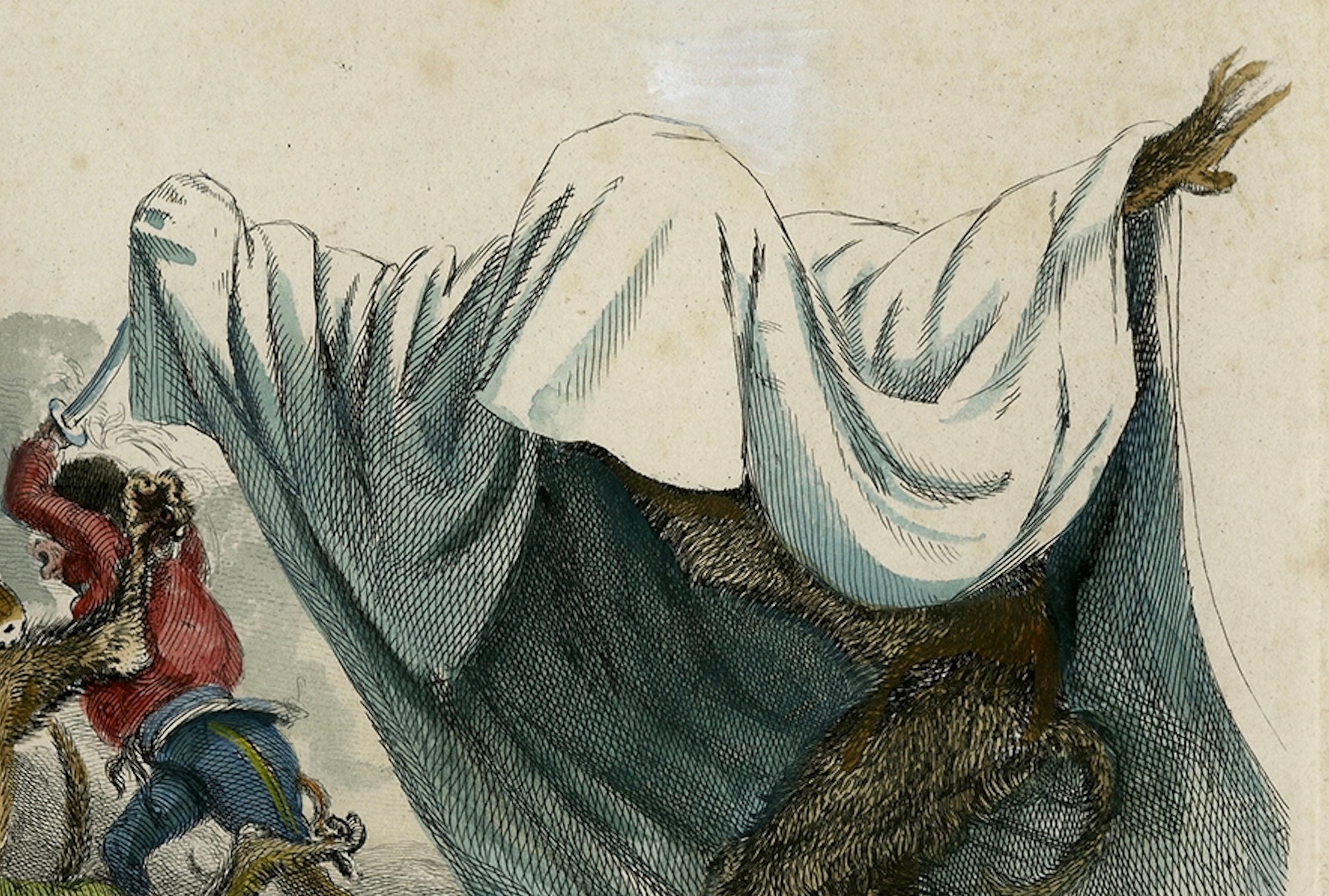 Antiker satirischer Druck aus dem Jahr 1828, The Impotence of the Uniform Hand-Colored (Papier) im Angebot