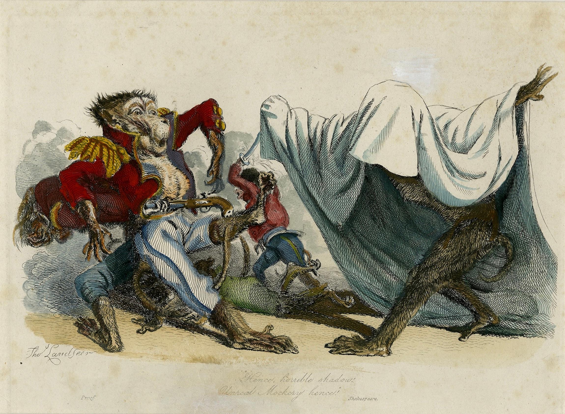 Antiker satirischer Druck aus dem Jahr 1828, The Impotence of the Uniform Hand-Colored im Angebot 1
