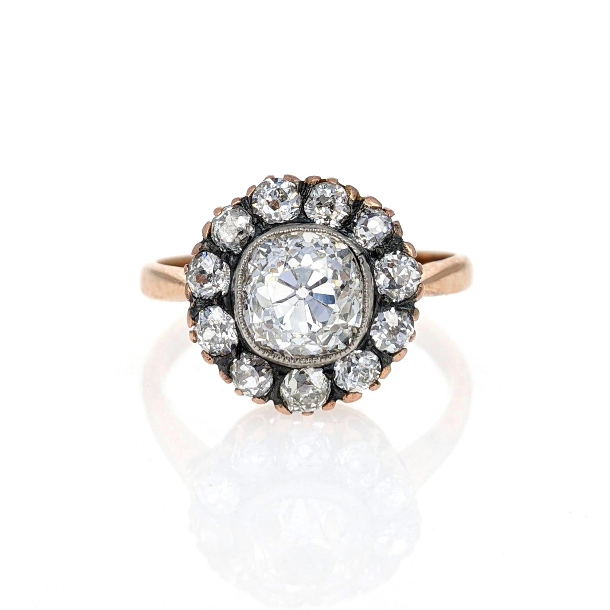 Antique 1.83 Carat Old Mine Cut Diamond Cluster Gold Engagement Ring In Good Condition For Sale In New York, NY