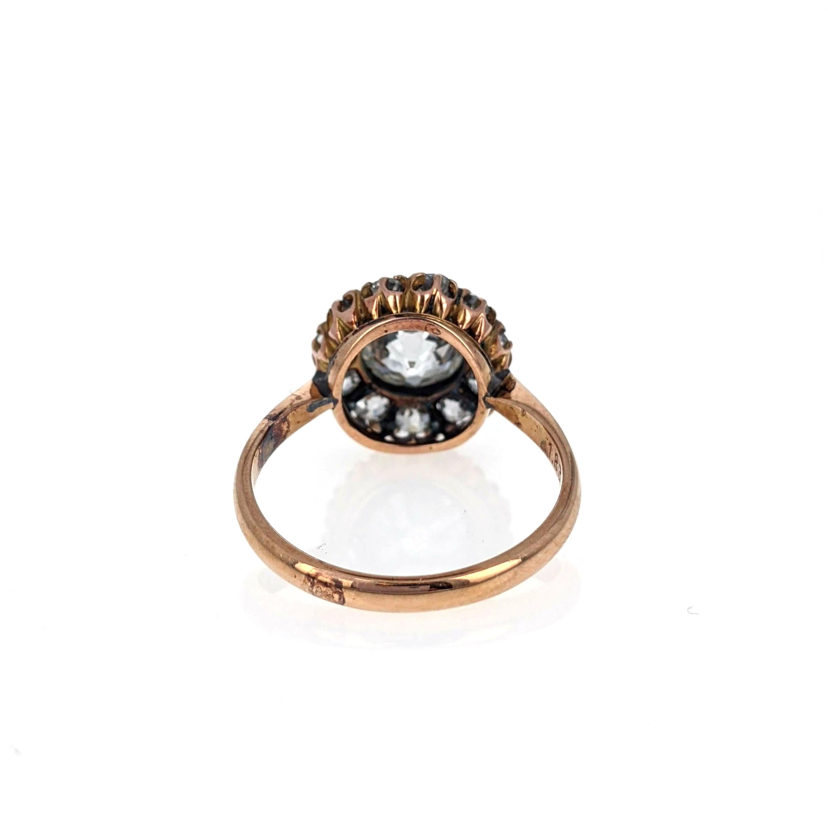 Antique 1.83 Carat Old Mine Cut Diamond Cluster Gold Engagement Ring For Sale 2