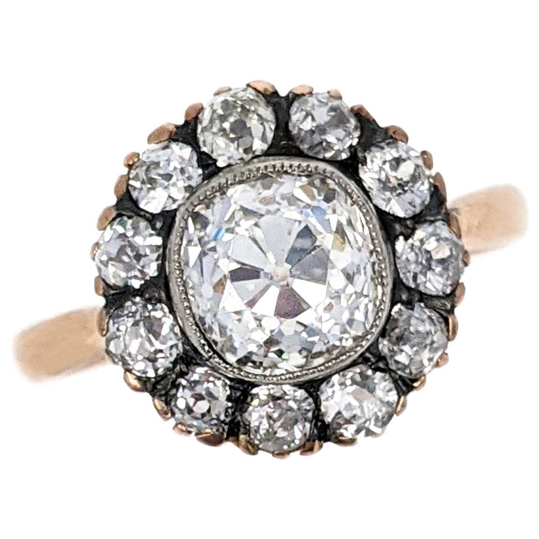 Antique 1.83 Carat Old Mine Cut Diamond Cluster Gold Engagement Ring For Sale