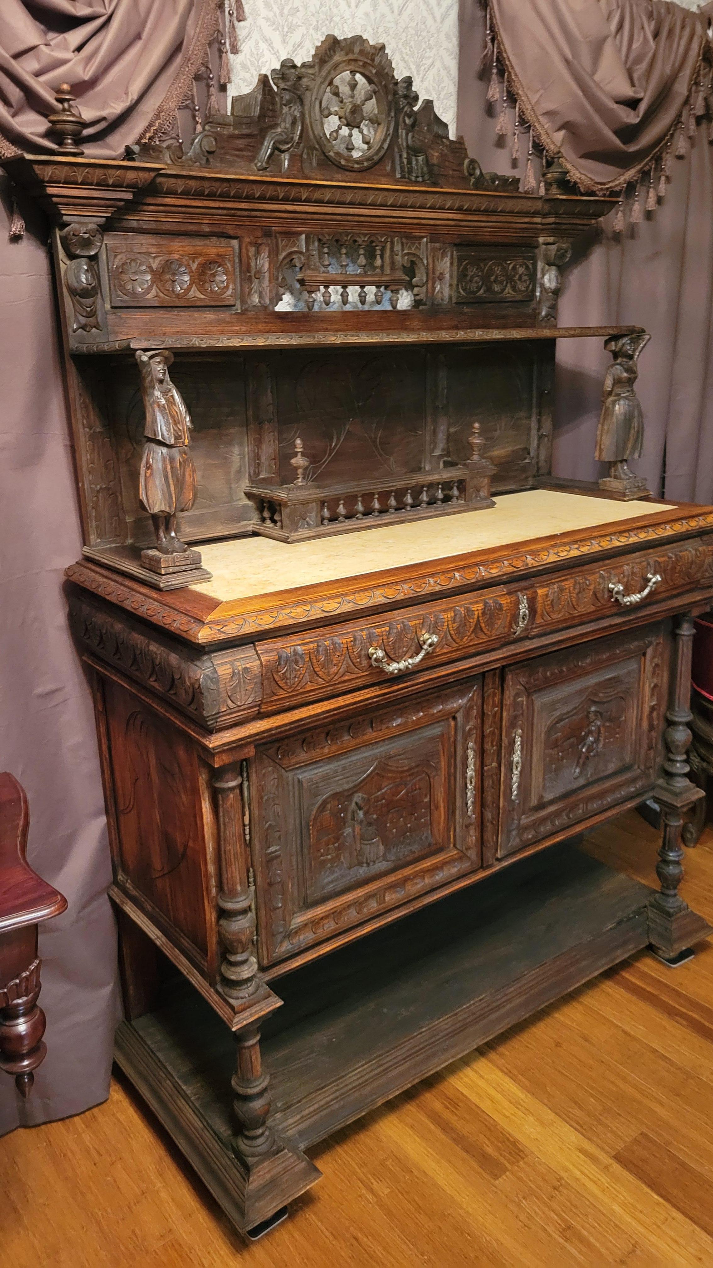 Antico, 1830, convitto fiammingo intagliato a mano con piano in marmo - 2 pezzi in vendita 8