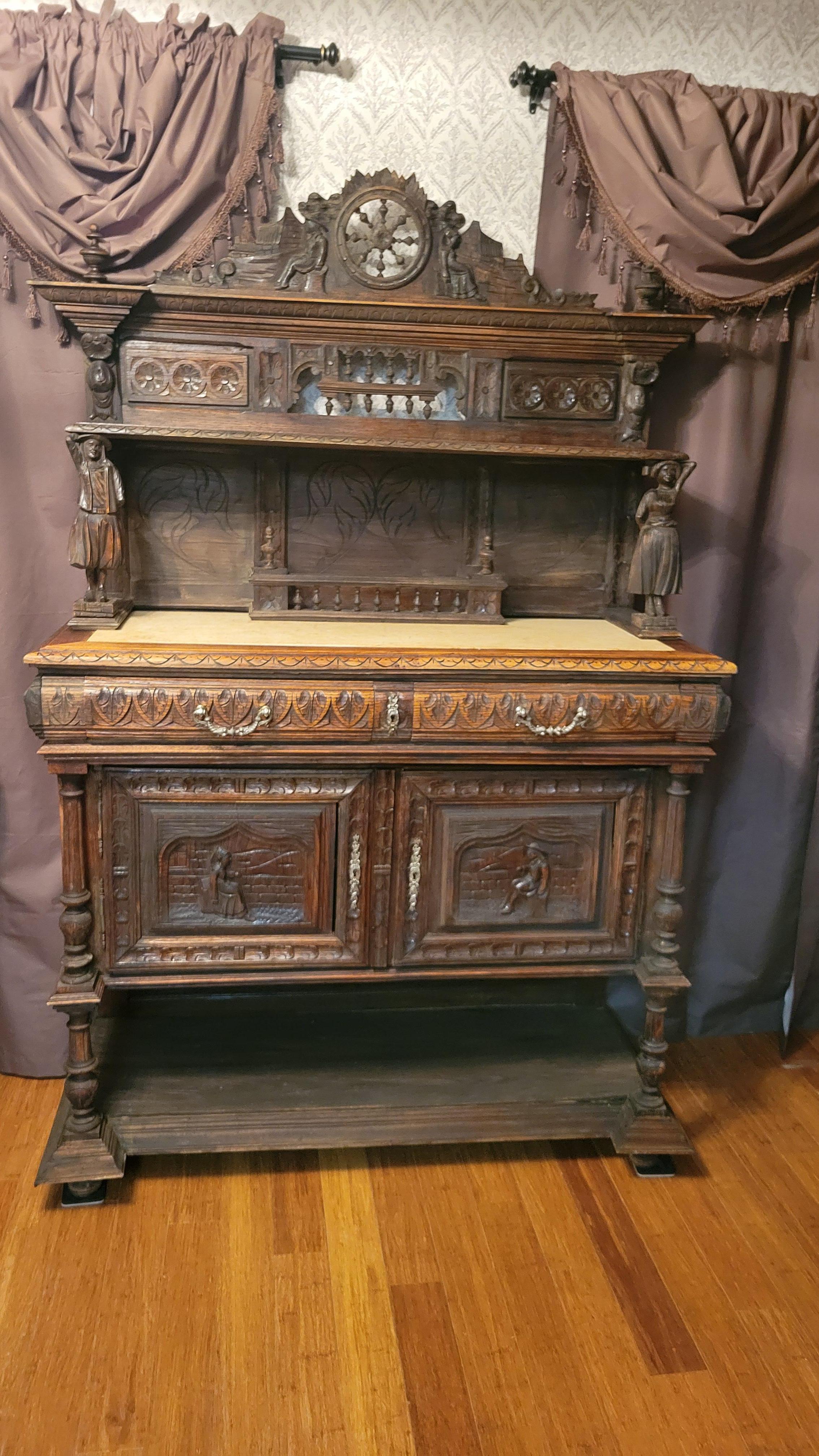 XIX secolo Antico, 1830, convitto fiammingo intagliato a mano con piano in marmo - 2 pezzi in vendita